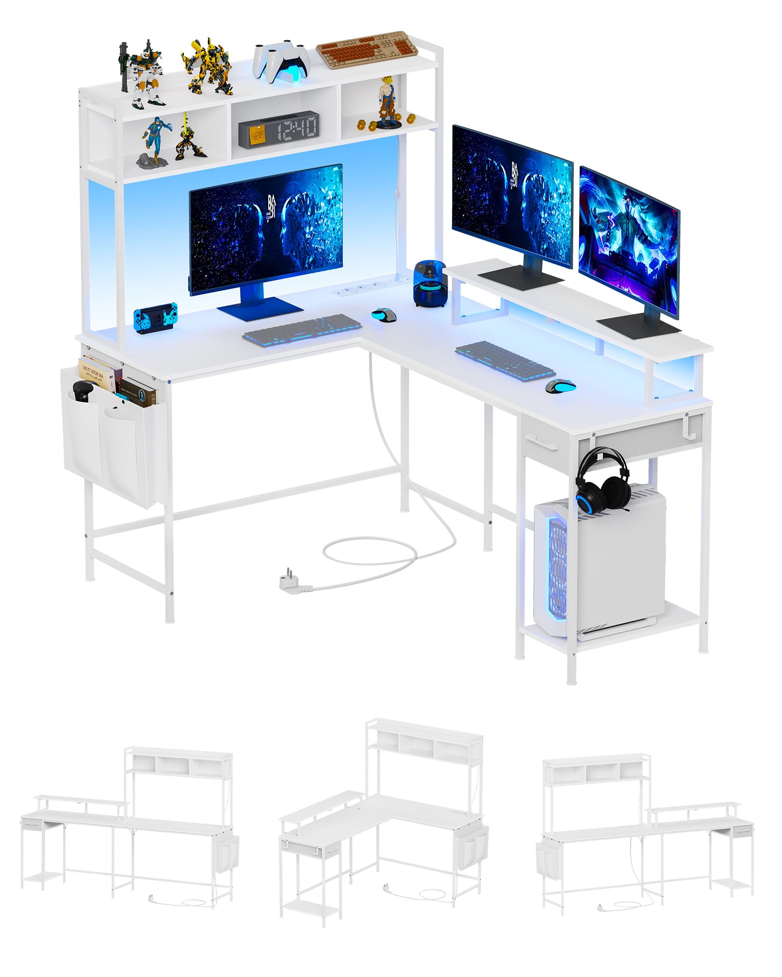 L-Shaped Computer Desk with LED Lights & Power Outlet, Gaming Desk with Bookshelf & Monitor Stand, Reversible Office Desk with Drawers & 2 Hooks - White for Home & Office Workspace