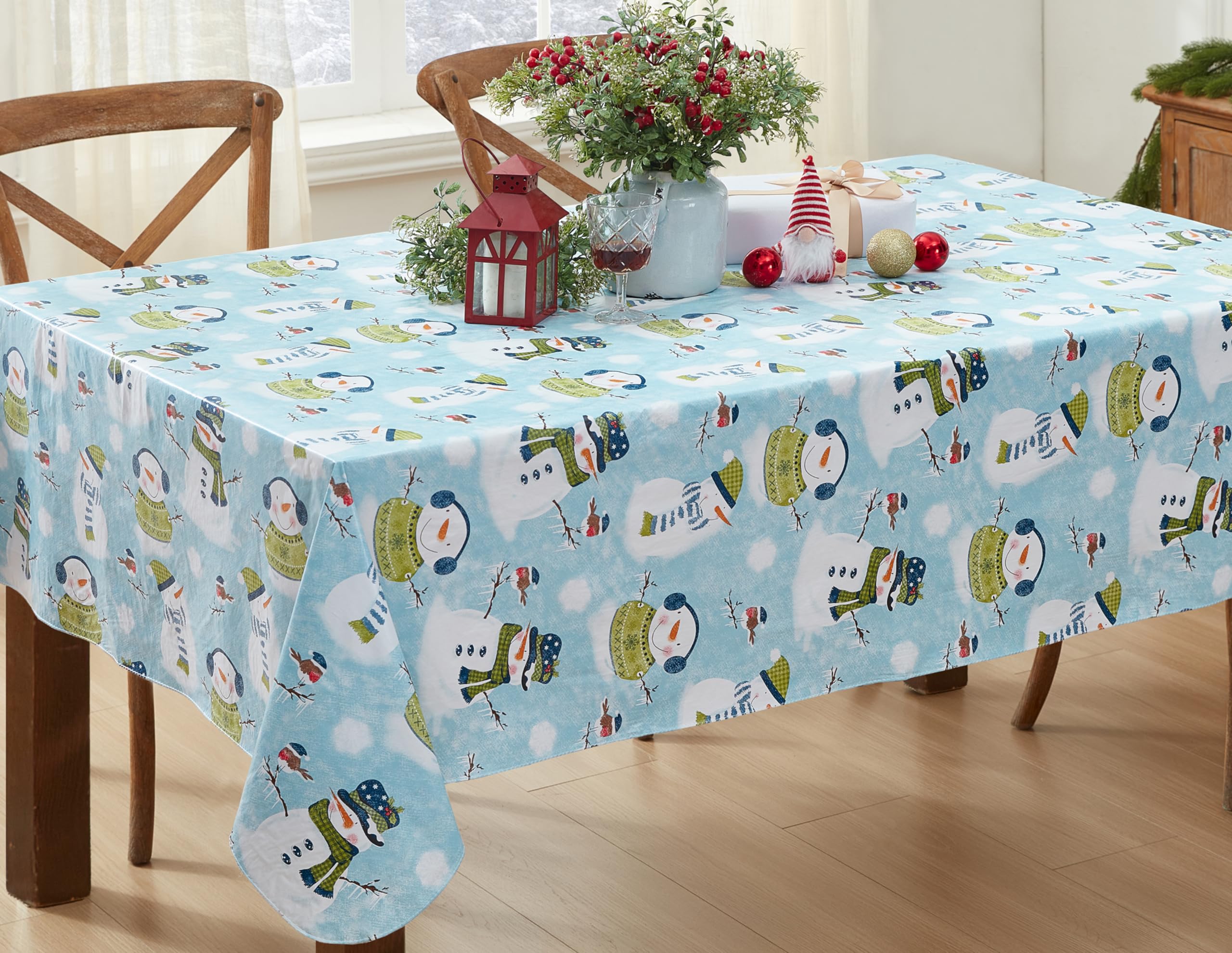 Newbridge Blue Snowman Print Flannel Back Vinyl Christmas Tablecloth – Cute Snowmen in Sweaters & Scarves Holiday Decor, 52x52 Inch Square Wipe-Clean Table Cover for Winter Parties & Family Gatherings