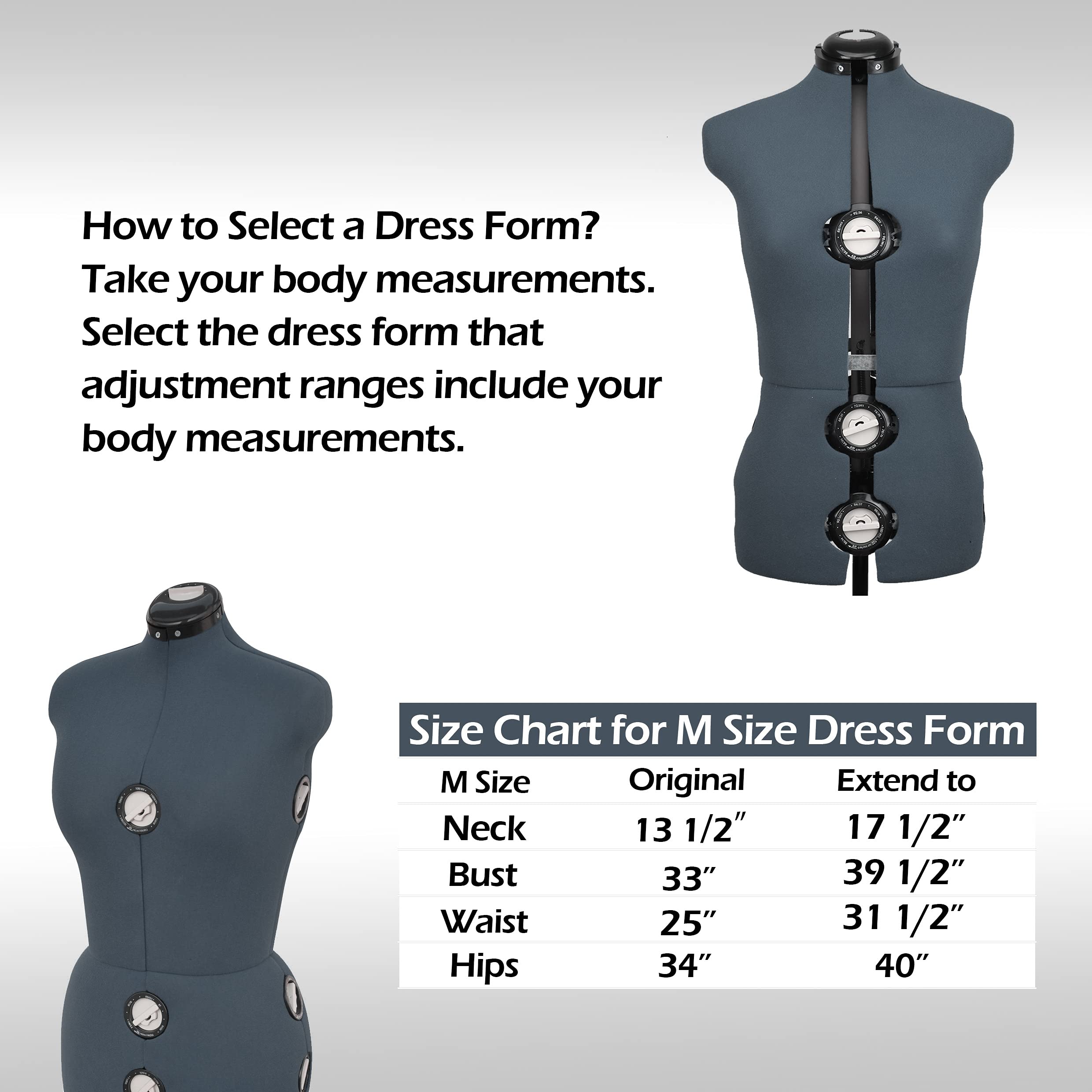 BHD BEAUTY Adjustable Dress Form Mannequin - 13 Dials, Dark Gray Fabric, Tri-Pod Stand, Up to 70