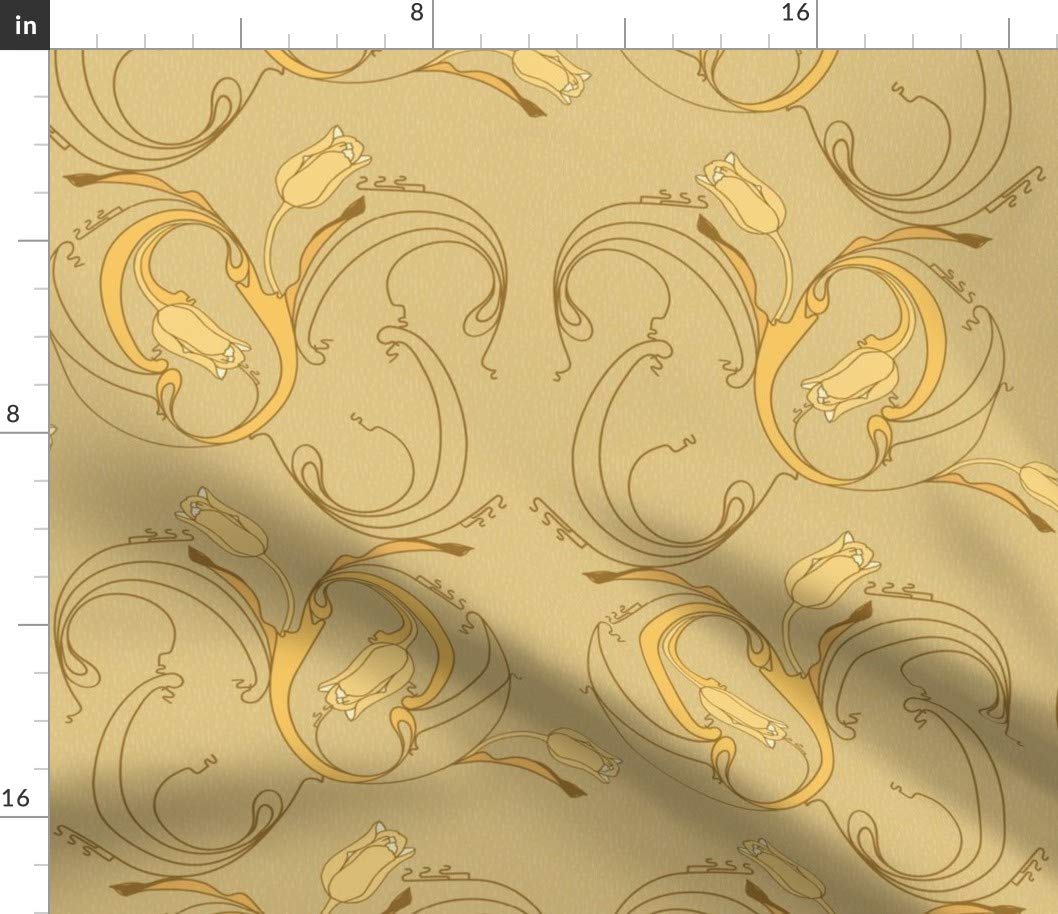 Golden Art Nouveau Mustard Damask Tulips Floral Vintage Printed Cotton Fabric - Petal Signature Cotton Fat Quarter for Sewing, Quilting, Apparel & Home Decor | DIY Crafts, Upholstery, Curtains & Fashion Design