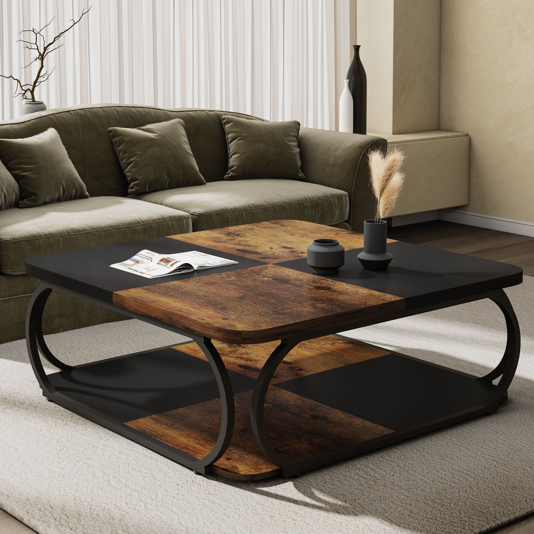 Modern Square Coffee Table with 2-Tier Shelves - 39 Inch Center Cocktail Table for Living Room - Perfect for Small Spaces, Home Decor & Entertaining Guests