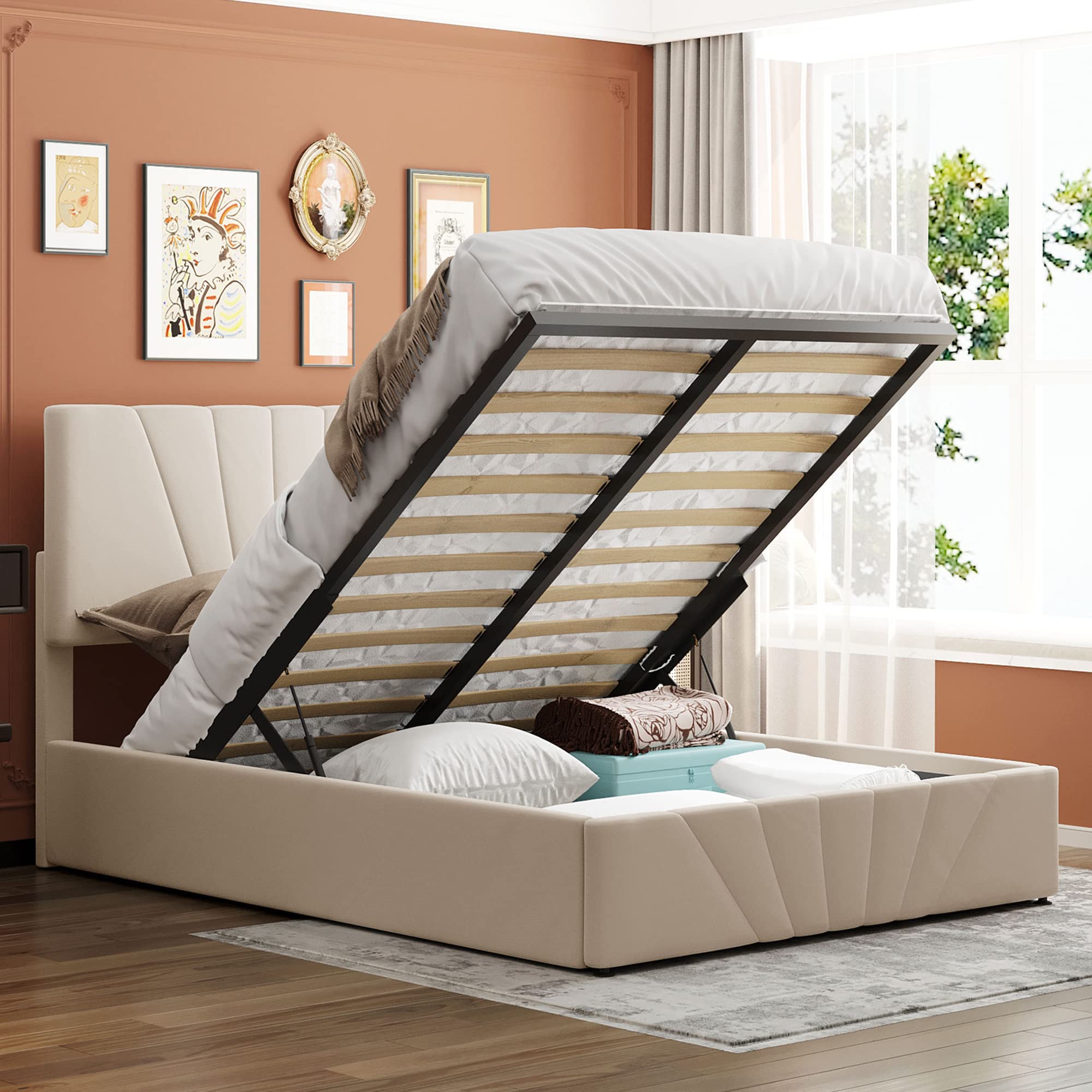 Upholstered Full Bed Frame with Underbed Storage | Gas Lift Hydraulic System | Adjustable Headboard | Beige | Perfect for Small Bedrooms, Guest Rooms & Dormitories