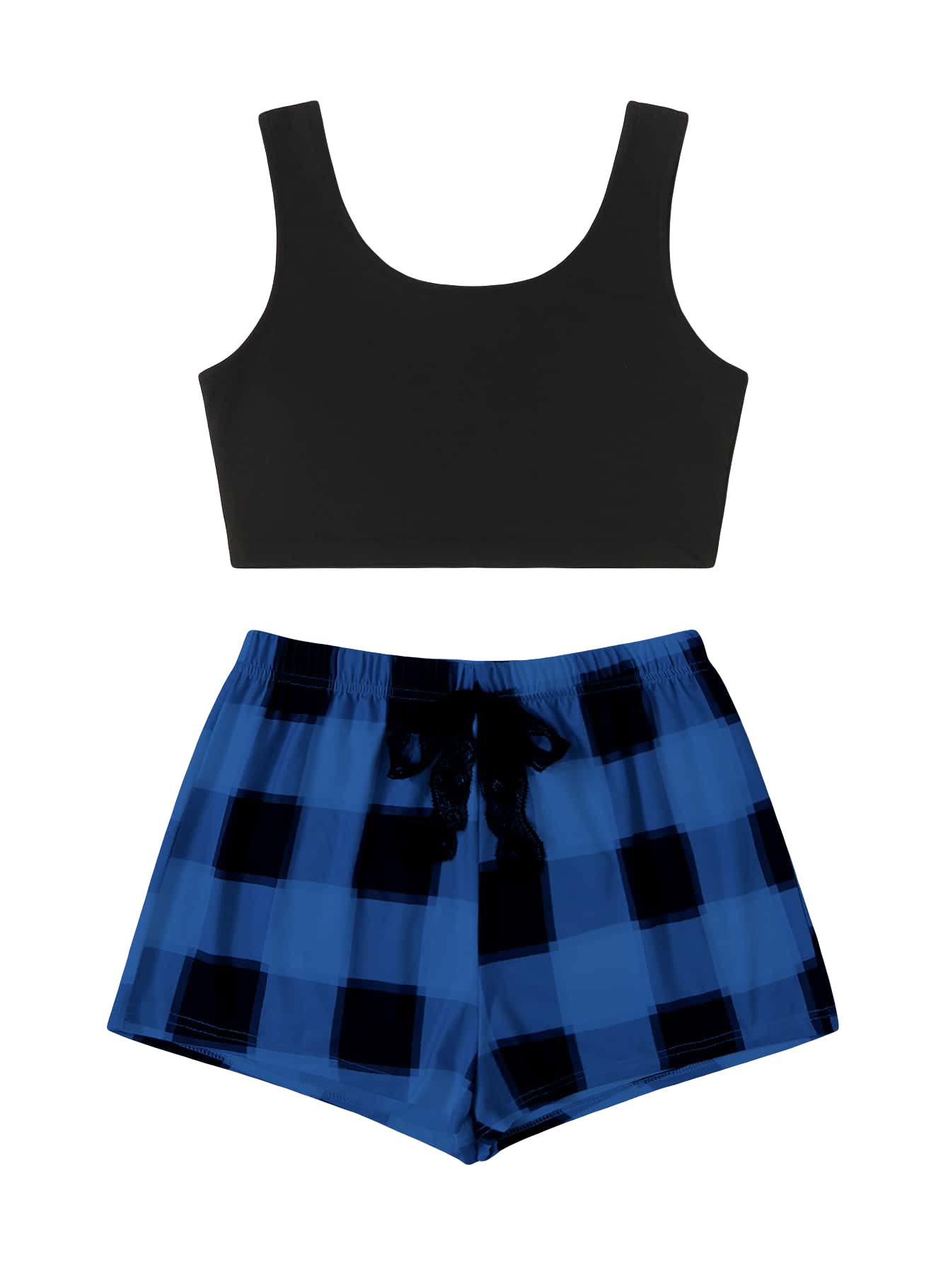 WDIRARA Women's Summer Sleepwear Set - Soft Cotton Tank Top & Plaid Tie-Front Shorts Pajamas for Lounge, Vacation & Nightwear | Comfortable Sleep Outfit for Women