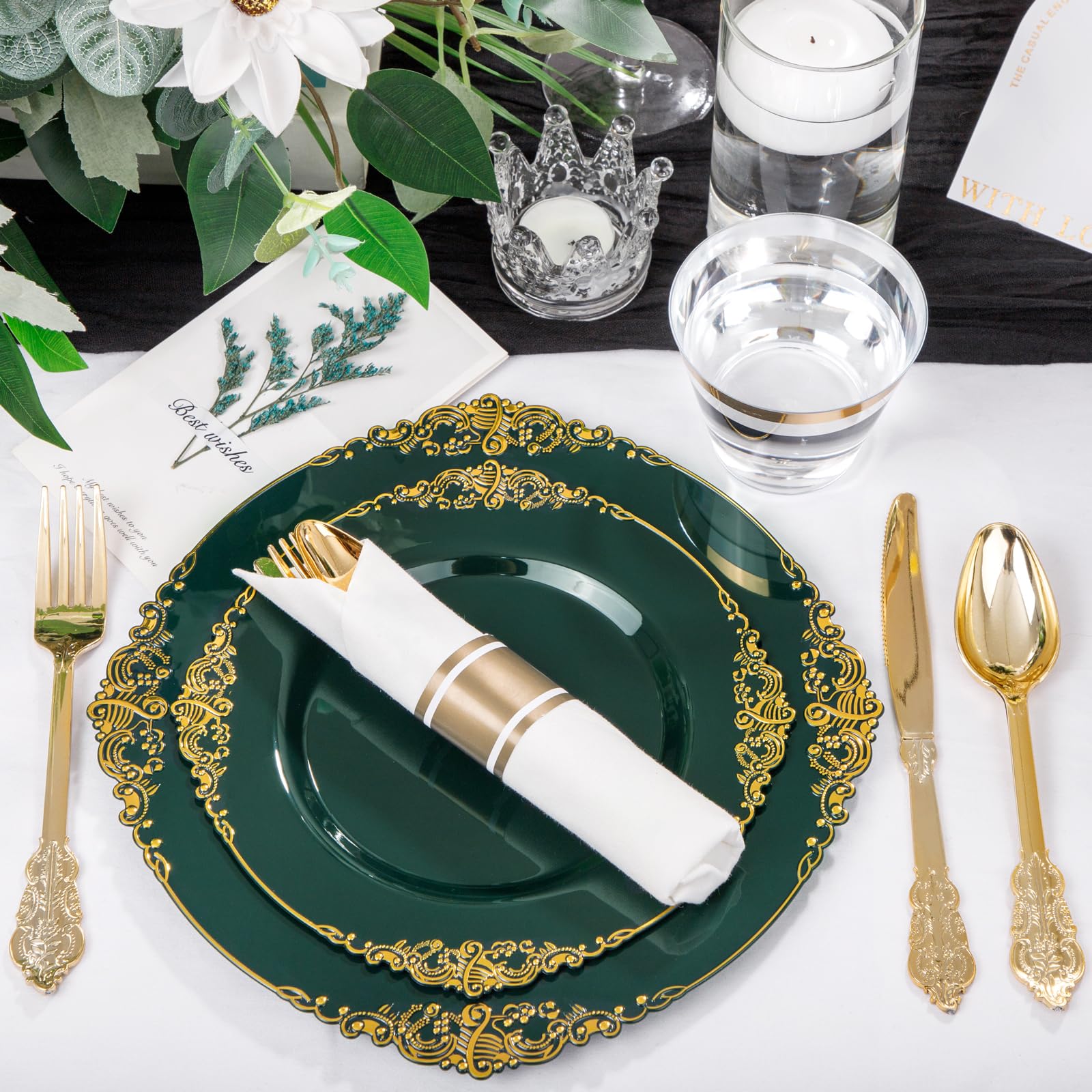 175-Piece Eco-Friendly Disposable Party Tableware Set - 50 Green Plastic Plates, 75 Silverware, 25 Cups & 25 Napkins for Wedding, Birthday & Events | Perfect for 25 Guests | Sustainable Party Supplies for Outdoor Gatherings & Celebrations