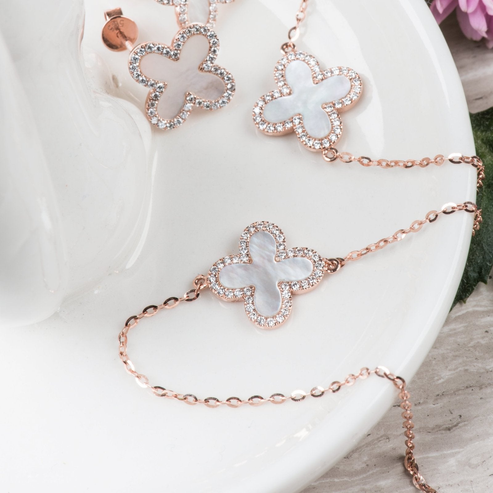 14k Rose Gold Mother of Pearl & Diamond Halo Clover Charm Bracelet - Elegant Jewelry Gift for Women, Perfect for Weddings, Anniversaries & Special Occasions
