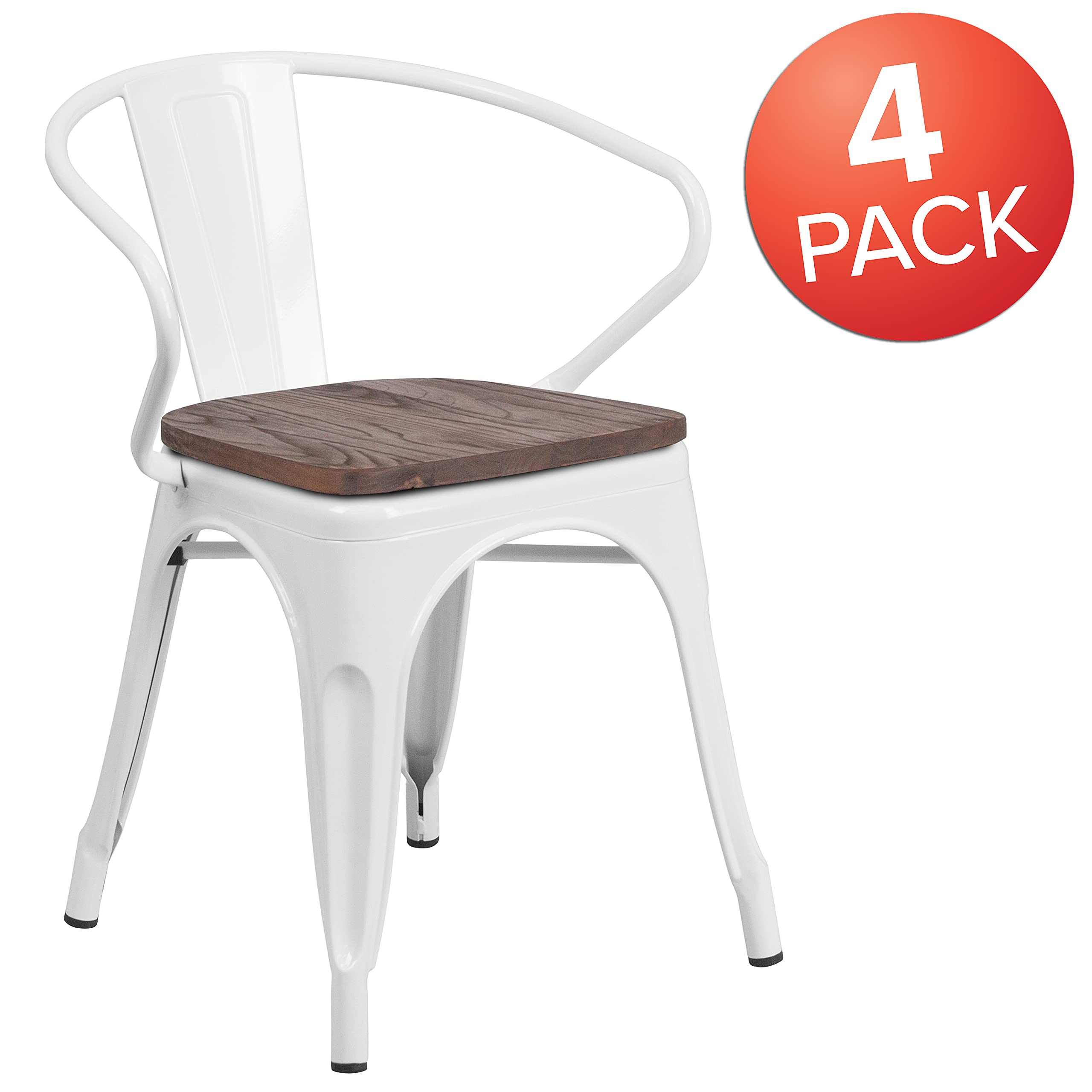 4 Pack White Metal Chairs with Wooden Seats & Arms - Durable Restaurant Furniture for Indoor & Outdoor Dining, Cafes, and Events