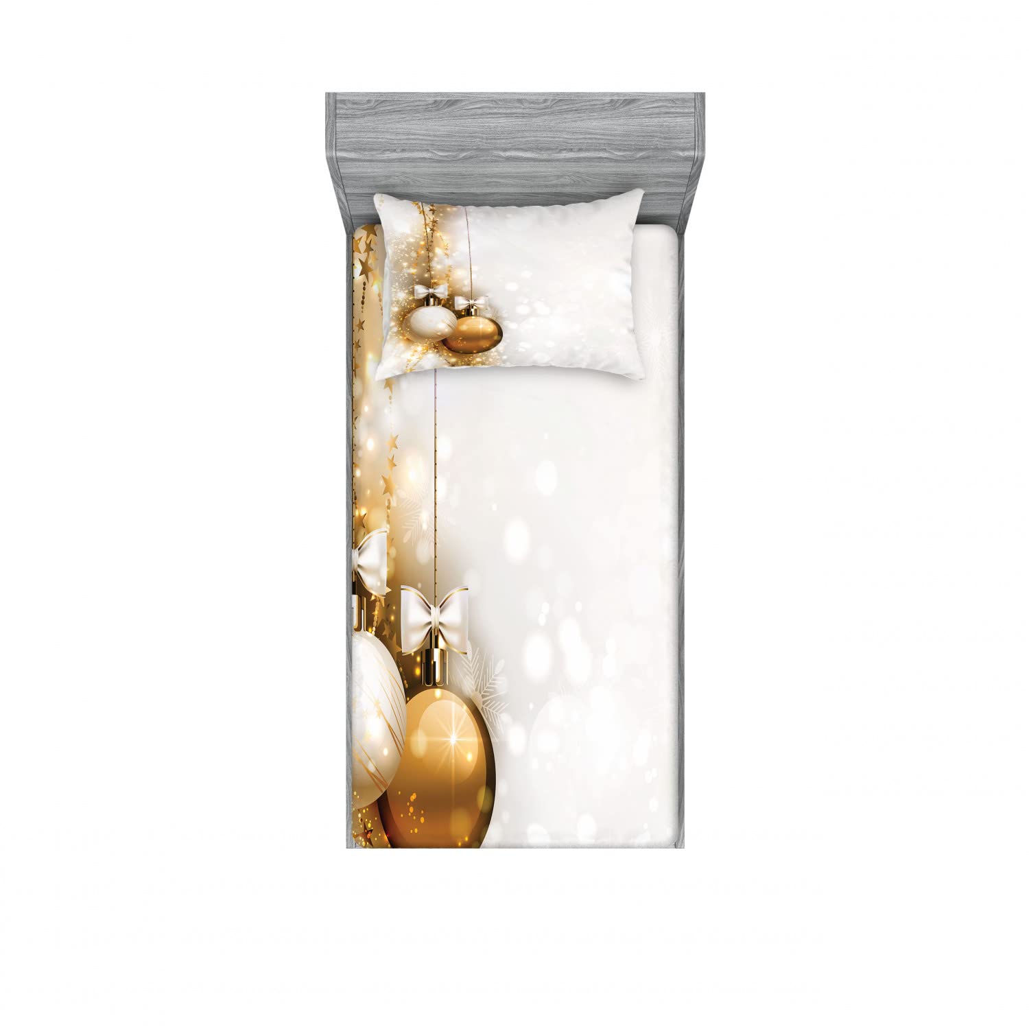 Ambesonne 2-Piece Christmas Fitted Sheet & Pillow Sham Set - New Year's Ribbon Design - Twin Size White & Beige Bedding Decor (Includes 2 Fitted Sheets & 2 Pillow Covers) - Perfect for Holiday Guest Rooms, Winter Bedroom Decor & Seasonal Home Styling