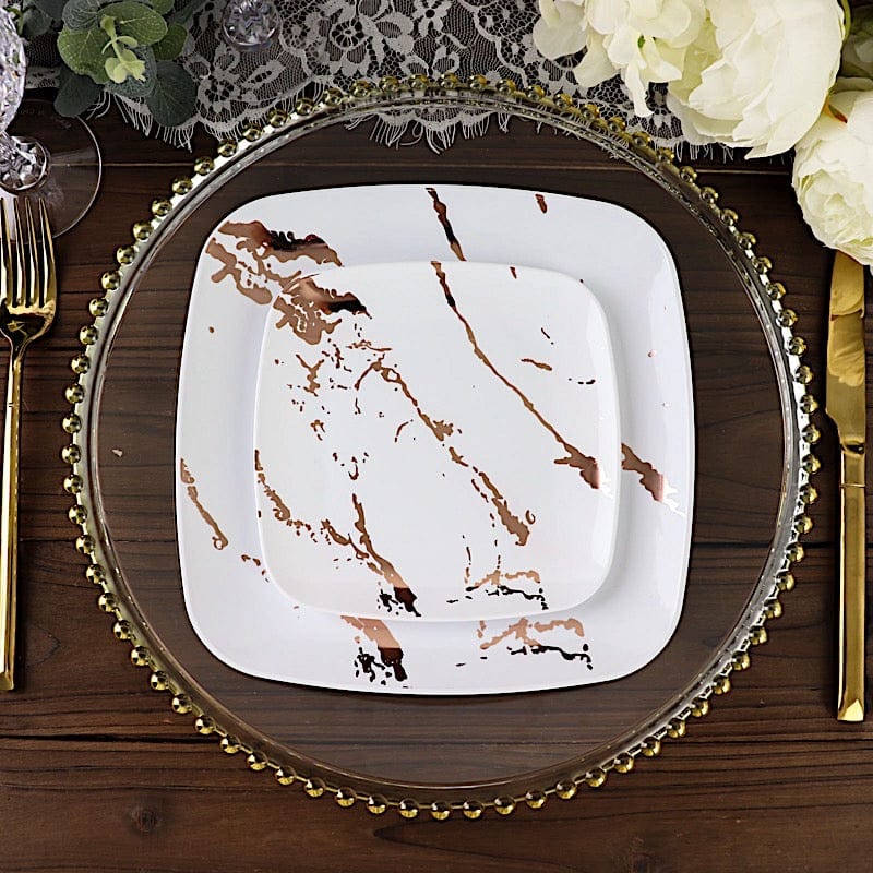 10 Pack Square Metallic Marble Plastic Plates - Disposable Dinnerware & Salad Plates for Parties, Picnics, and Catering Events