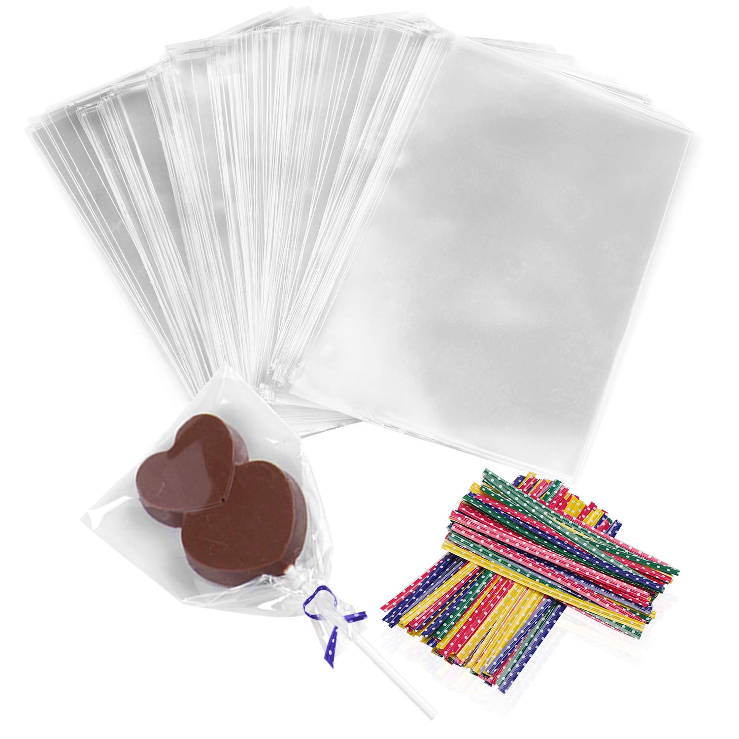 Beasea 4x6 Inches Cellophane Treat Bags 300pcs - Clear Cello Bags for Cake Pops, Lollipops, Cookies & Candies with 4 Color Twist Ties - Perfect for Bakery, Party Favors, Wedding Desserts & Gift Packaging