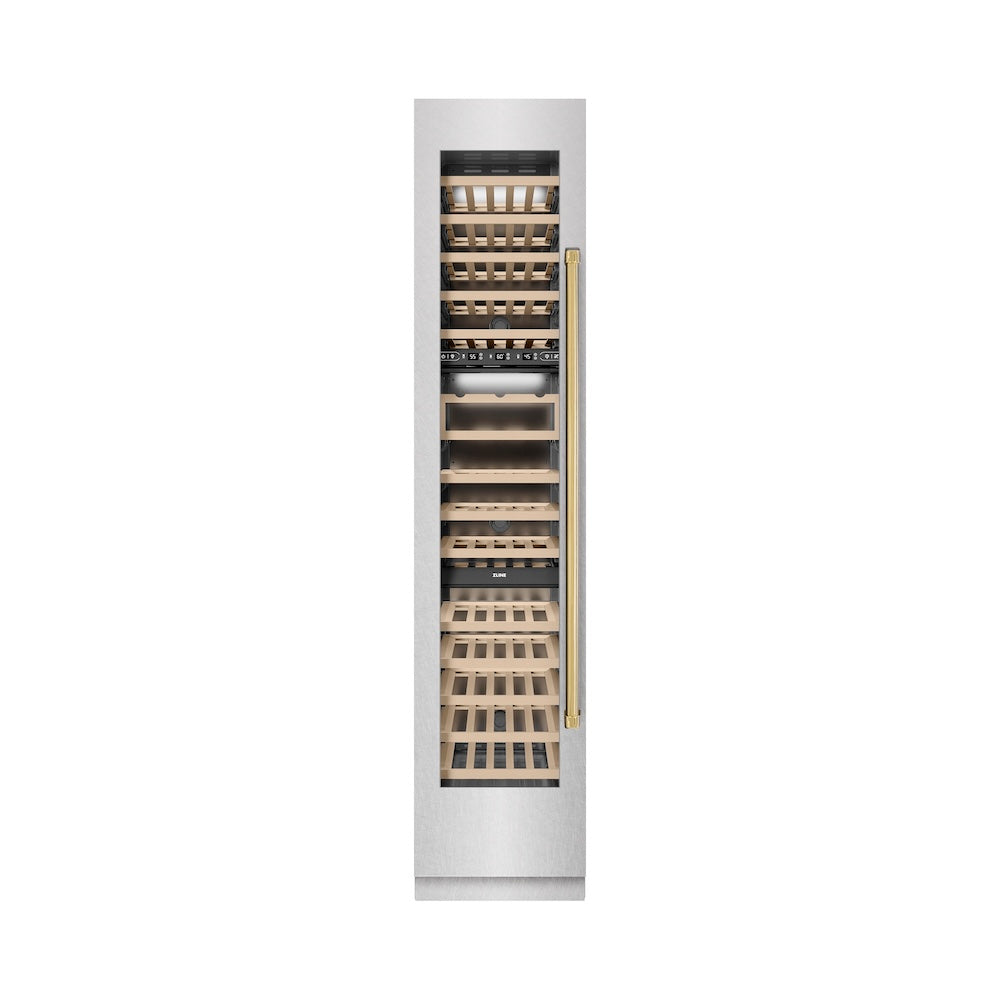 ZLINE RCWVLZ SN 18 G 18-Inch 9.0 cu ft Triple Zone 68-Bottle Left Hinge Wine Cooler - Satin Stainless Steel with Polished Gold Accents - Perfect for Home Bars, Wine Cellars & Entertaining Spaces