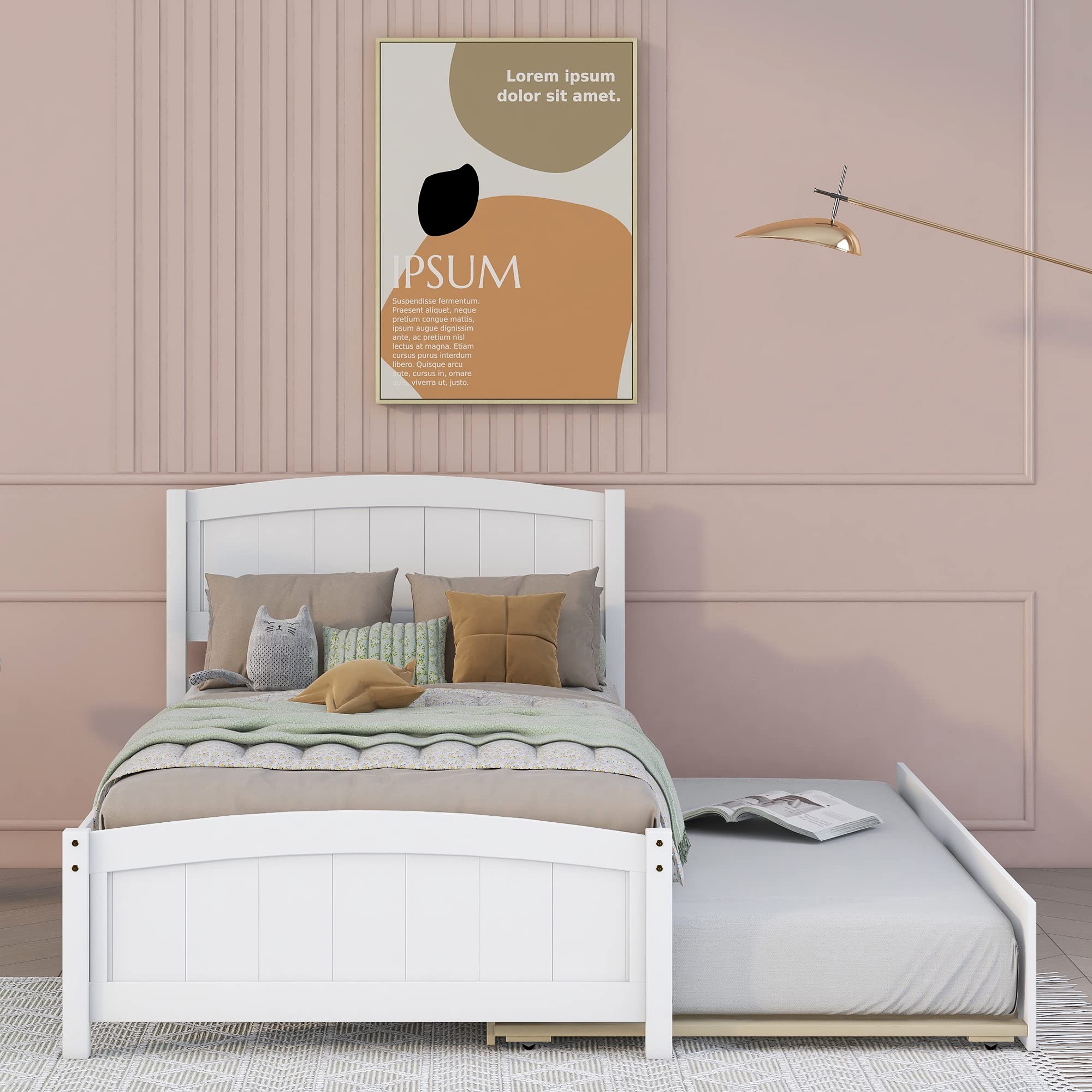 Harper & Bright Designs Twin Bed Frame - Solid Wood Platform Bed with Trundle, Headboard & Footboard | Wood Slat Support | White Finish | Perfect for Kids Rooms, Guest Rooms & Small Spaces