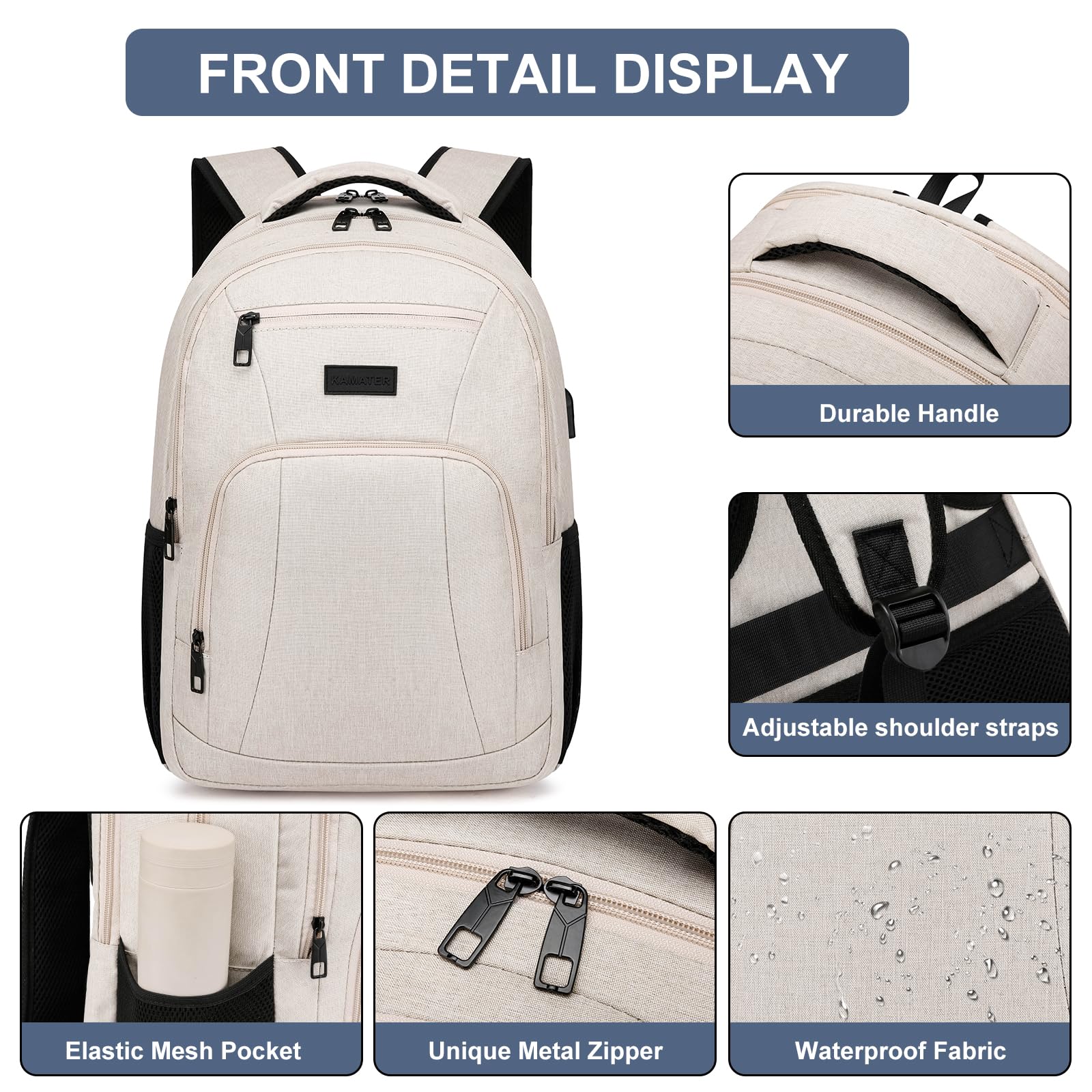 Durable School Backpack for Teens & College Students - Laptop Backpack with USB Charging Port, Ergonomic Book Bag for Men & Women (Beige) - Perfect for School, Travel & Daily Commute