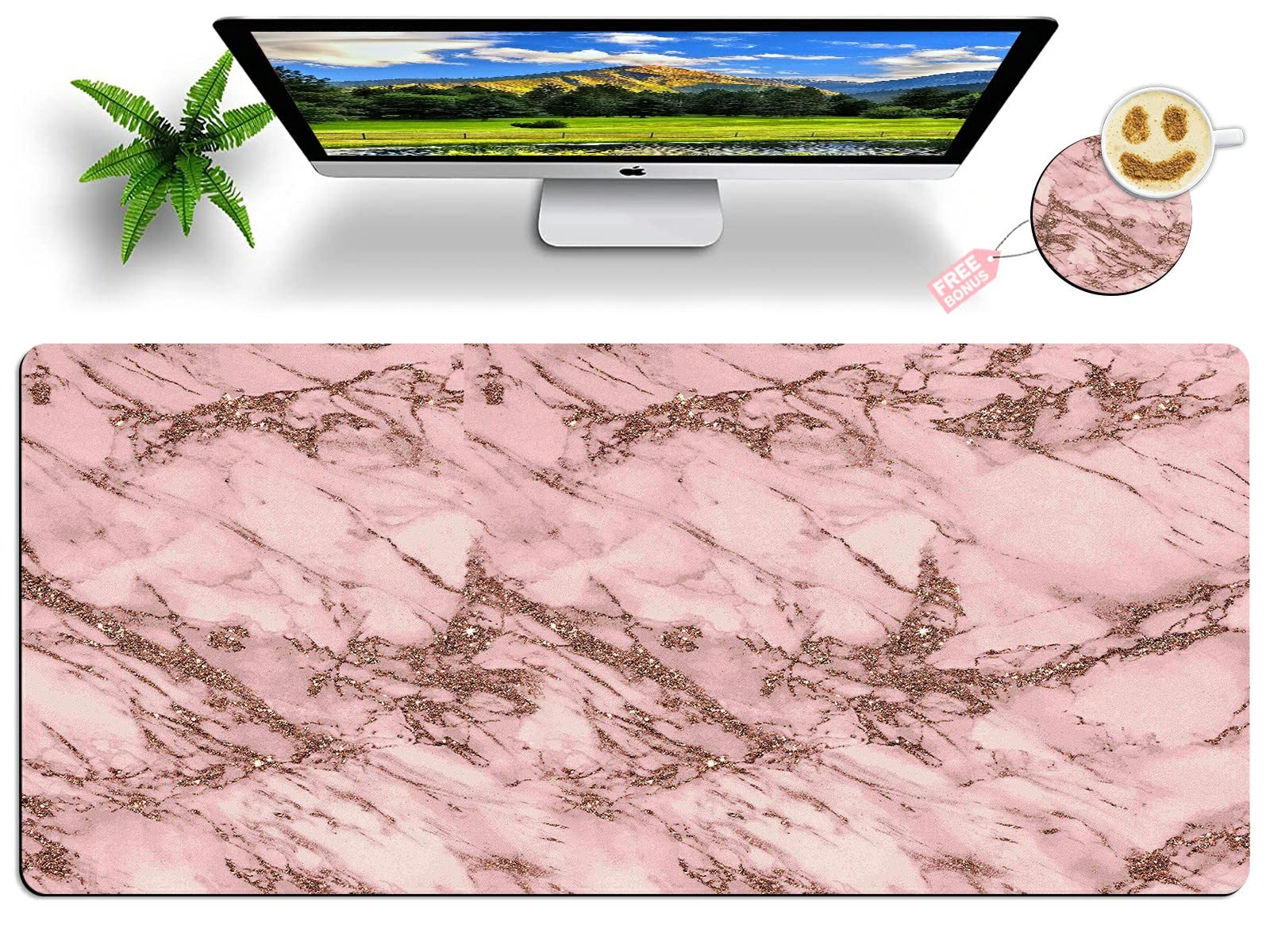 Pink Rose Gold Marble XXL Gaming Mouse Pad with Coaster - 31.5