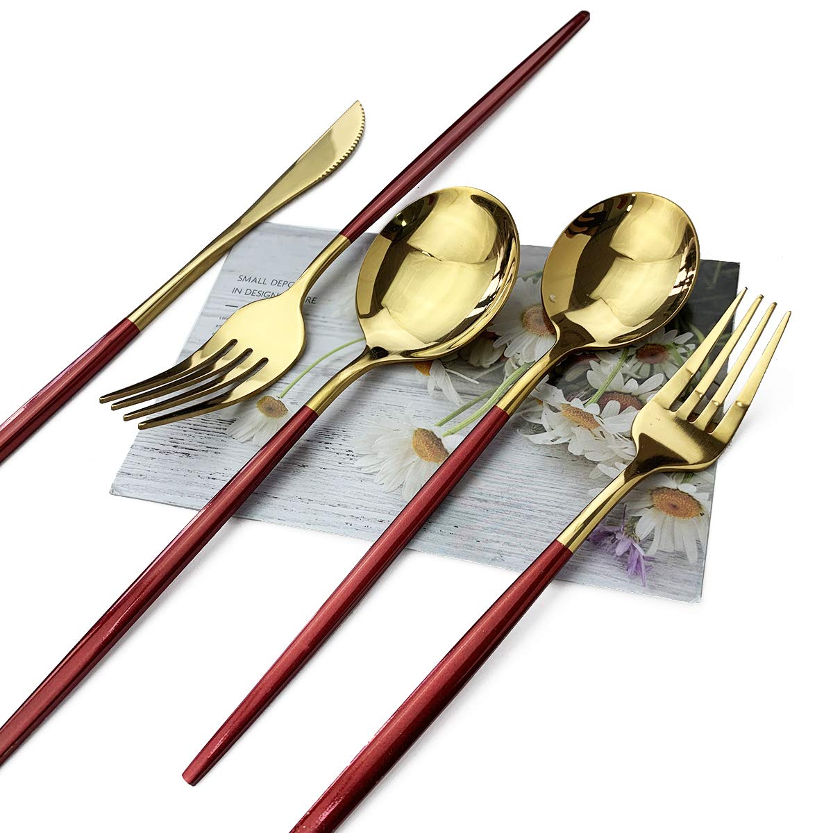 Premium 20-Piece Stainless Steel Flatware Set - Red Gold Silverware with Satin & Mirror Finish - Dishwasher Safe Cutlery Set for Home, Restaurant & Formal Dining (Perfect for Weddings, Dinner Parties & Everyday Use)