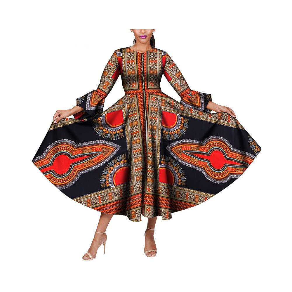 BAZINRICHE African Wax Print Ankara Long Sleeve Dress for Women - Plus Size Floral Maxi Dress for Parties, Weddings & Cultural Events