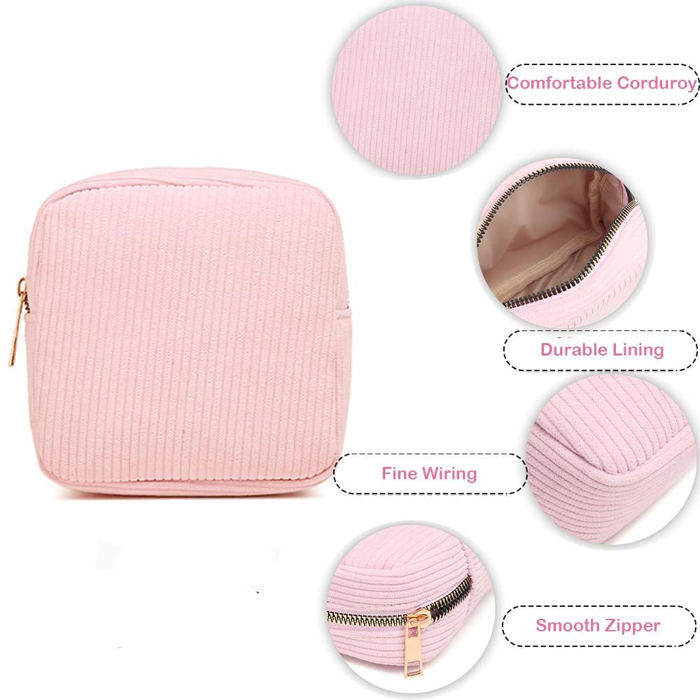 Mini Pink Corduroy Makeup Bag for Women - Cute Small Cosmetic Pouch, Travel Toiletry Bag & Purse Organizer - Perfect for Daily Use, Travel, Car & Gift Giving