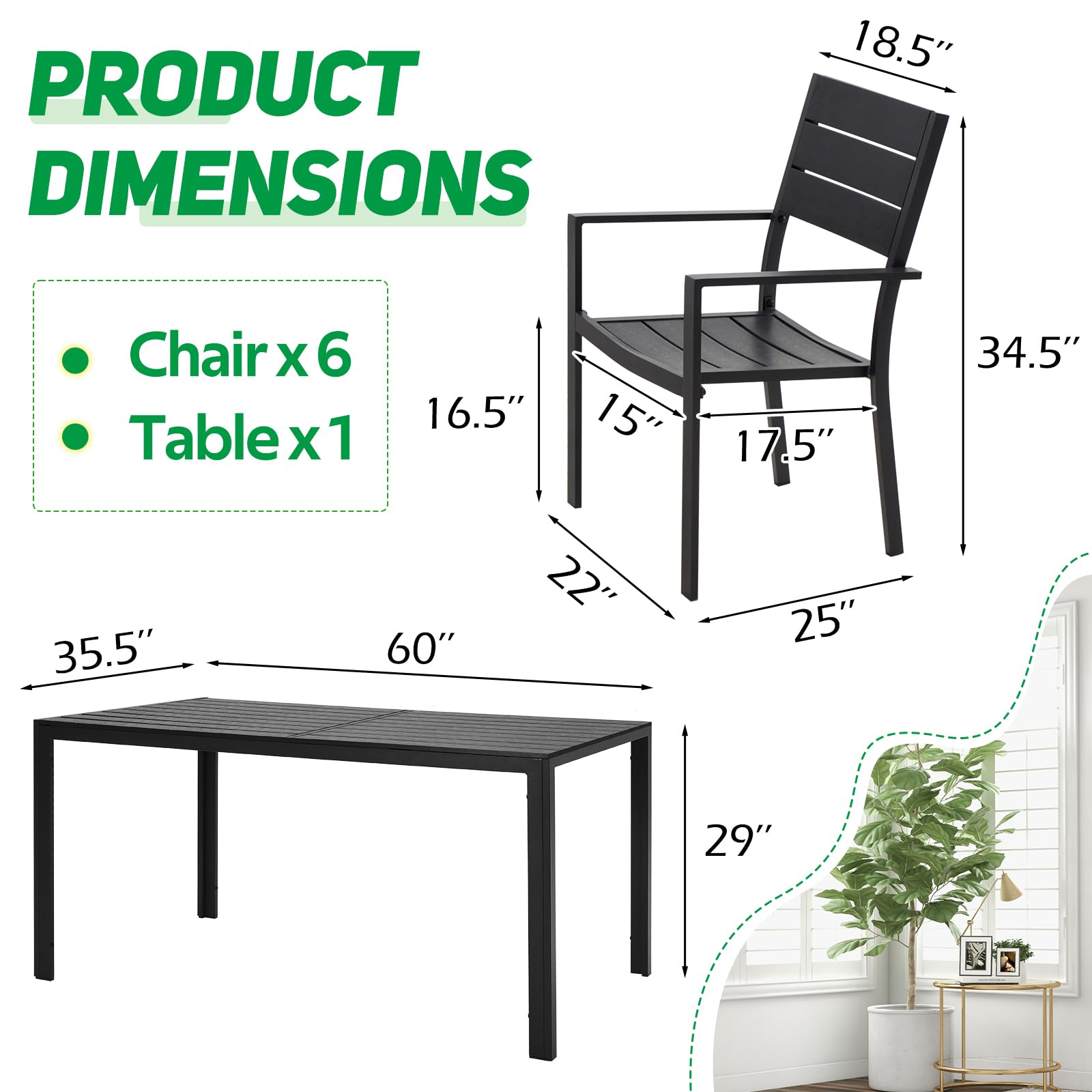 U-MAX 7-Piece Aluminum Outdoor Dining Set - Modern Patio Table and 6 Stackable Chairs for Garden, Backyard, Poolside - Durable Black Aluminum Frame Furniture for Outdoor Entertaining & Relaxation