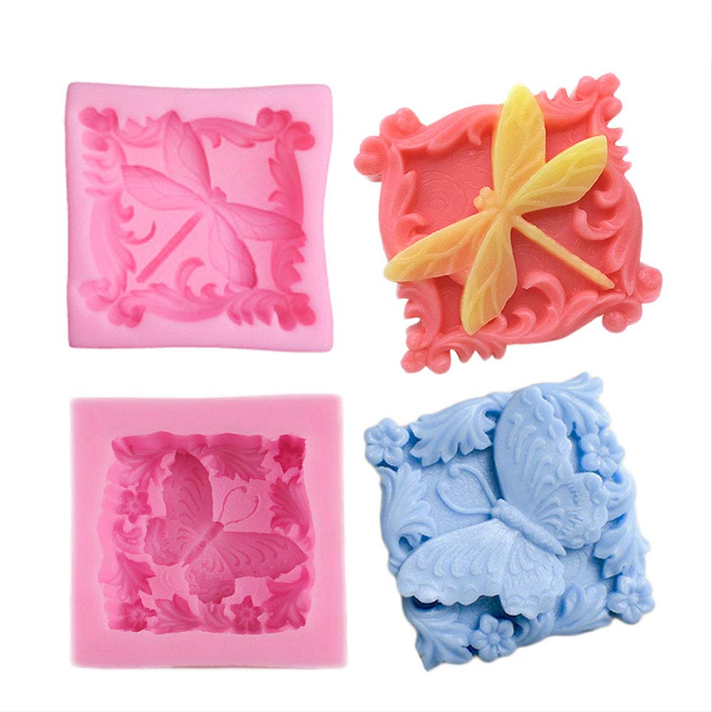2 Pcs Dragonfly Butterfly Silicone Fondant Molds - Square Handmade Soap & Candle Molds for Mousse, Chocolate, Biscuit, Sugar Crafts - DIY Cake Decorating & Baking Supplies for Home Bakers & Party Desserts