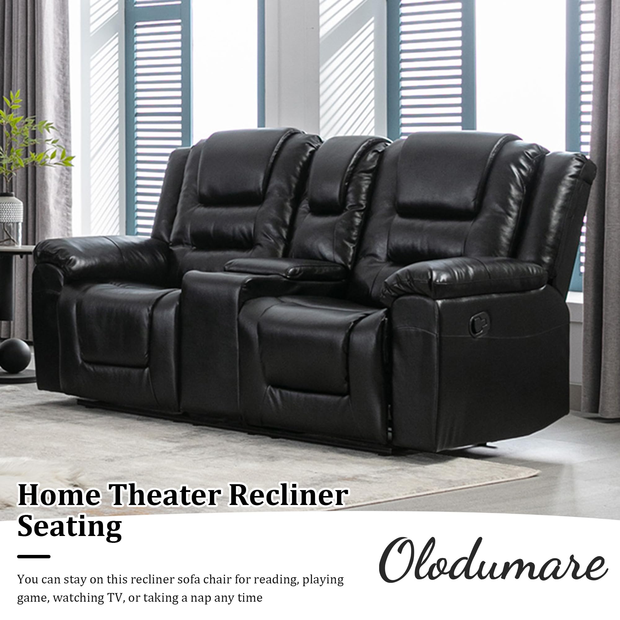 Premium PU Leather Manual Reclining Sofa with Storage & Cup Holders - Comfortable 2-Seater Living Room Furniture for Small Spaces, Modern Home Theater & Game Room Use - Black