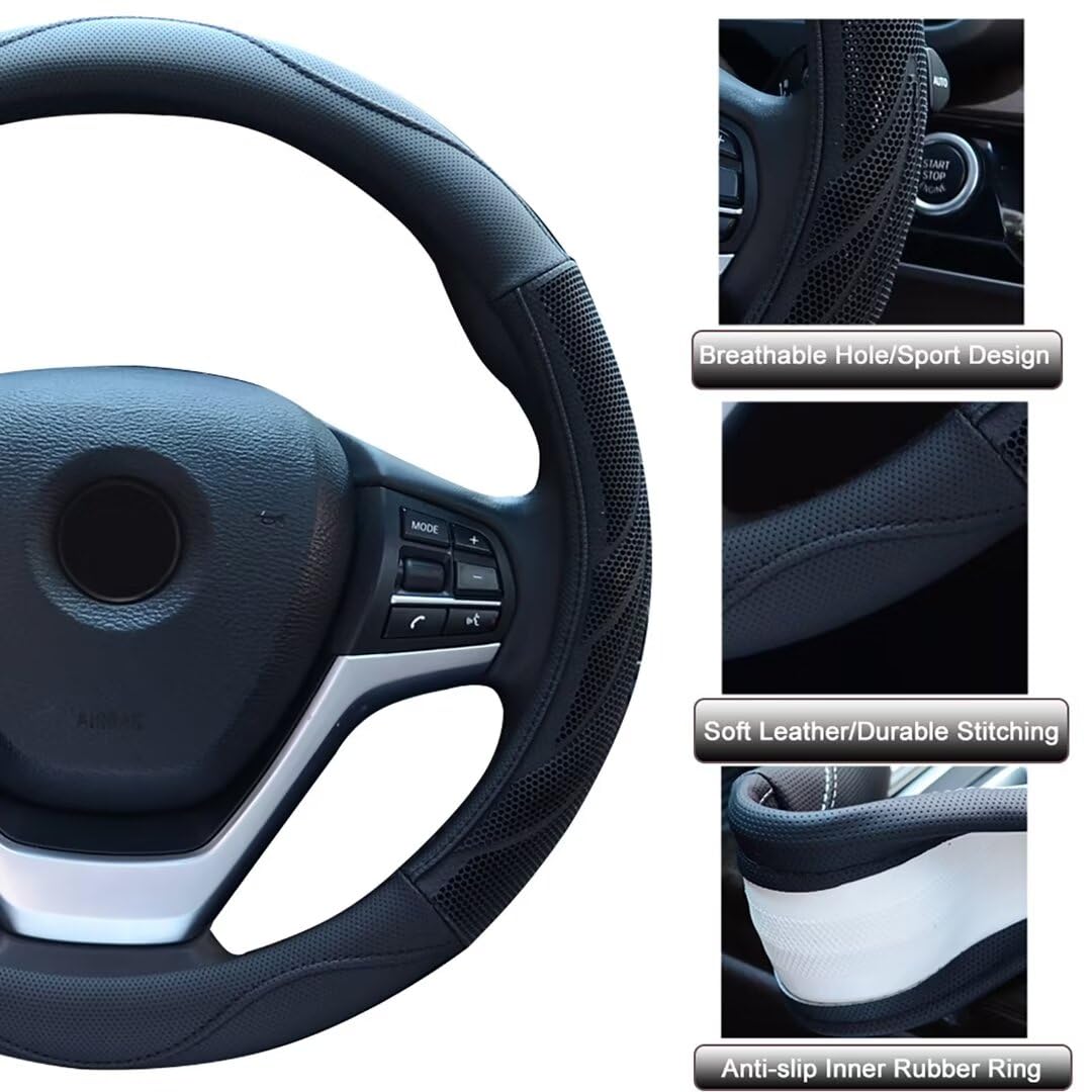Breathable Auto Car Steering Wheel Cover - Microfiber Leather 15 Inch Black - Universal Fit for Men & Women - Comfortable Grip for Long Drives & Road Trips