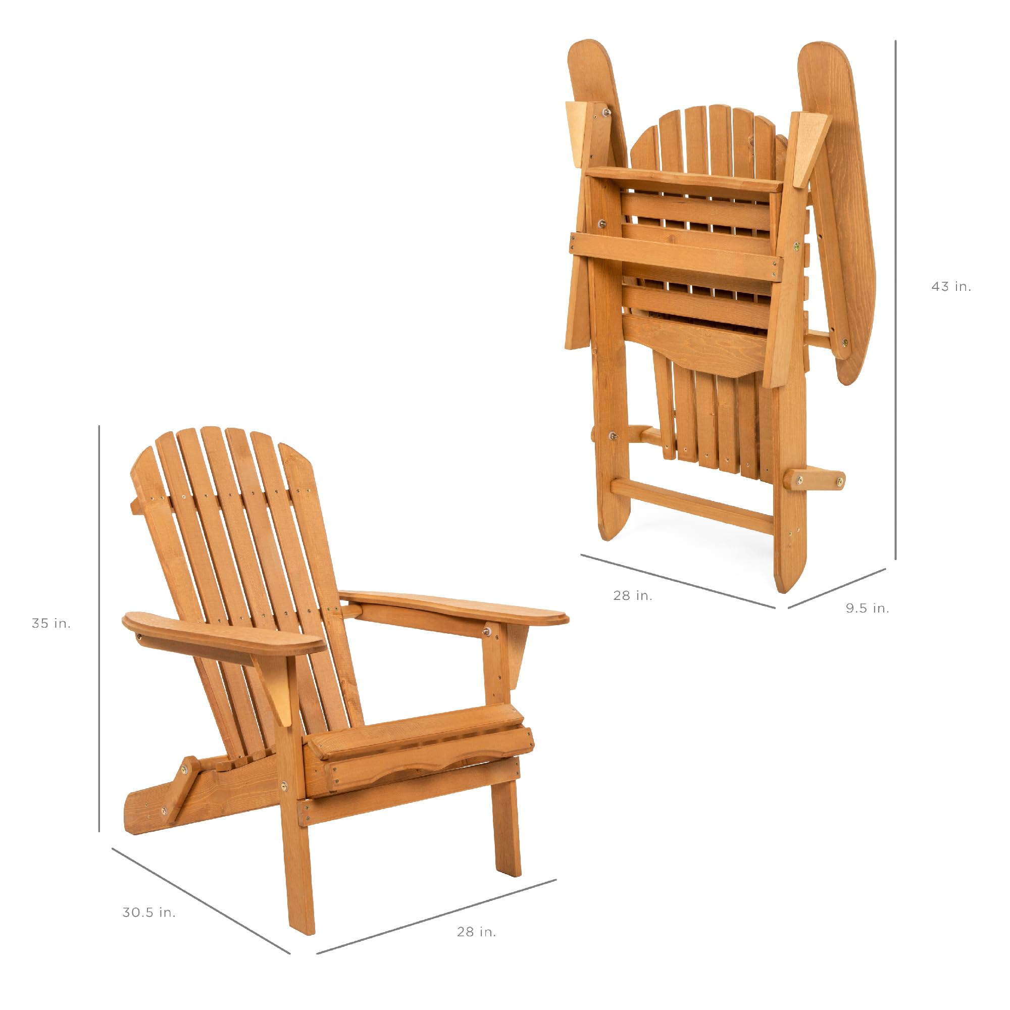 Best Choice Products Folding Adirondack Chair - Natural Wood Outdoor Lounge Chair with 350lb Weight Capacity for Patio, Garden, Yard & Fire Pit Relaxation - Perfect for Backyard, Poolside & Camping