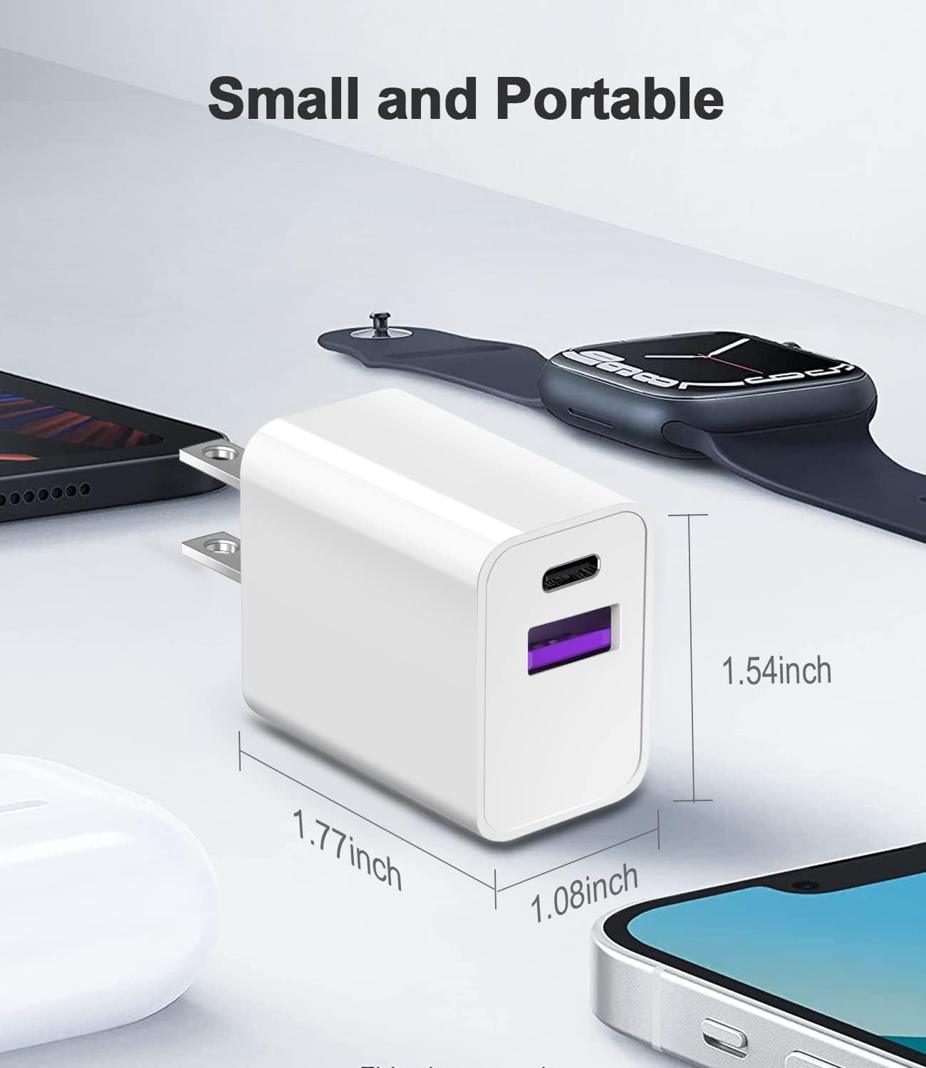 Fast Charging USB C Wall Charger Block - Dual Port Type C Adapter Compatible with Apple Watch Series 9/8/7/6/SE, iPhone 16/16 Pro/16 Pro Max - White | Perfect for Travel, Home & Office Use
