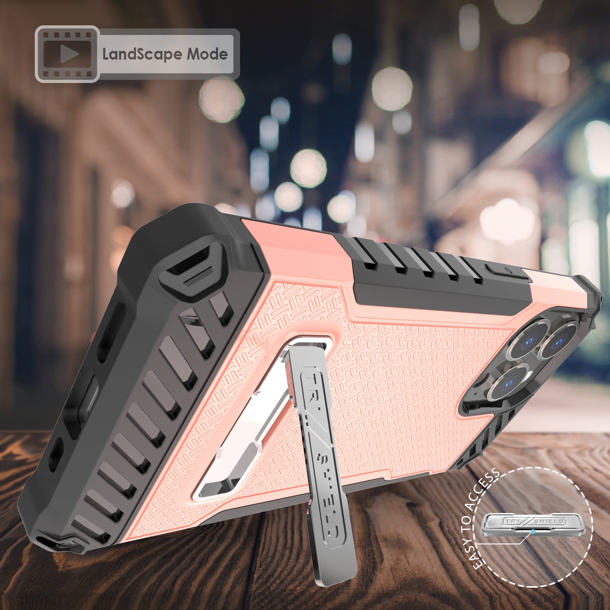 Tri-Shield Military Grade Rugged iPhone 13 Pro Max Case with Metal Kickstand & Wrist Strap Lanyard - Blush Pink | Shockproof Protective Cover for Outdoor, Travel & Daily Use