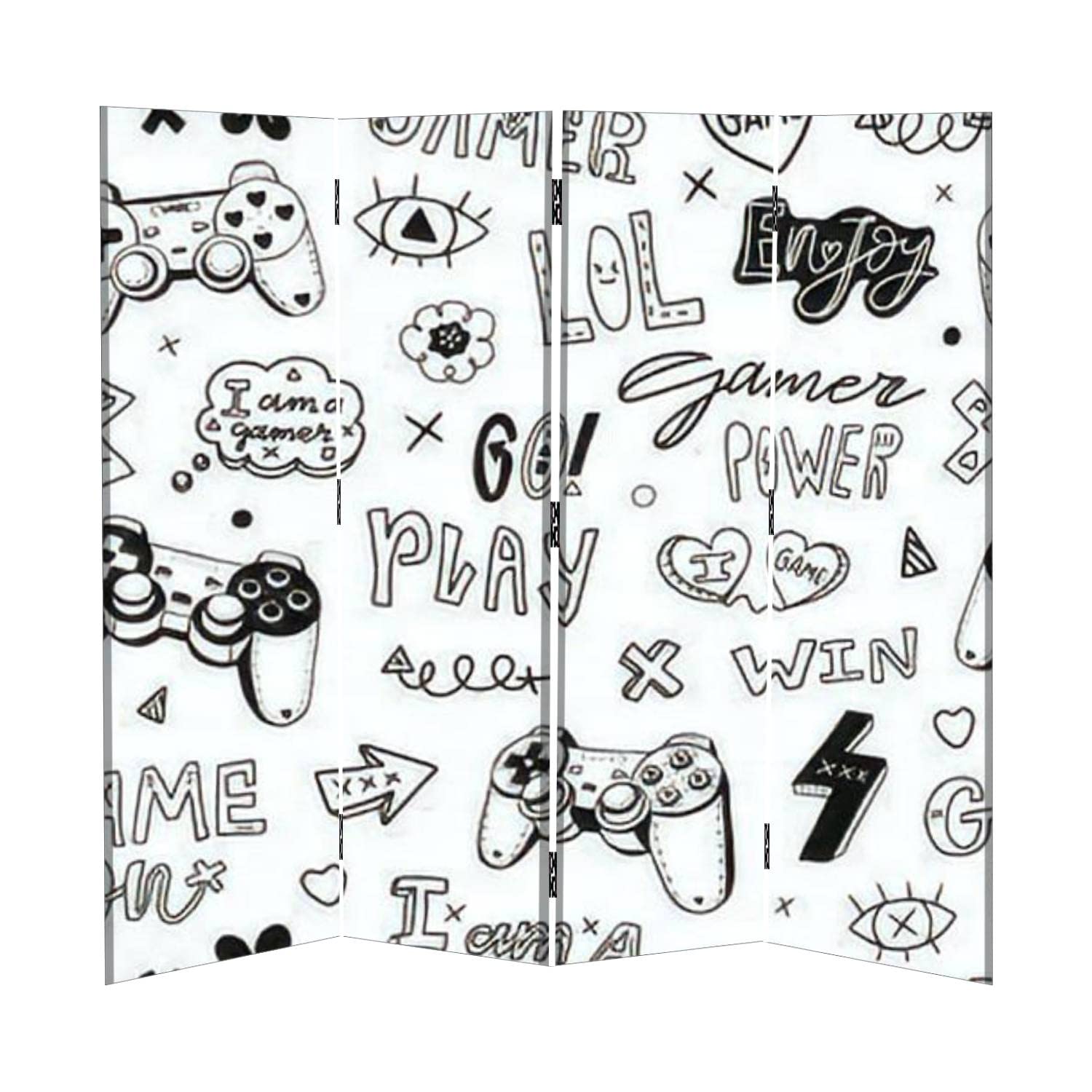 Girls Floral Canvas Room Divider - 4 Panel Folding Privacy Screen with Playful Joystick Lettering, Eyes & Hearts Pattern | Perfect for Bedroom, Dorm, Office Partition & Temporary Wall Separation