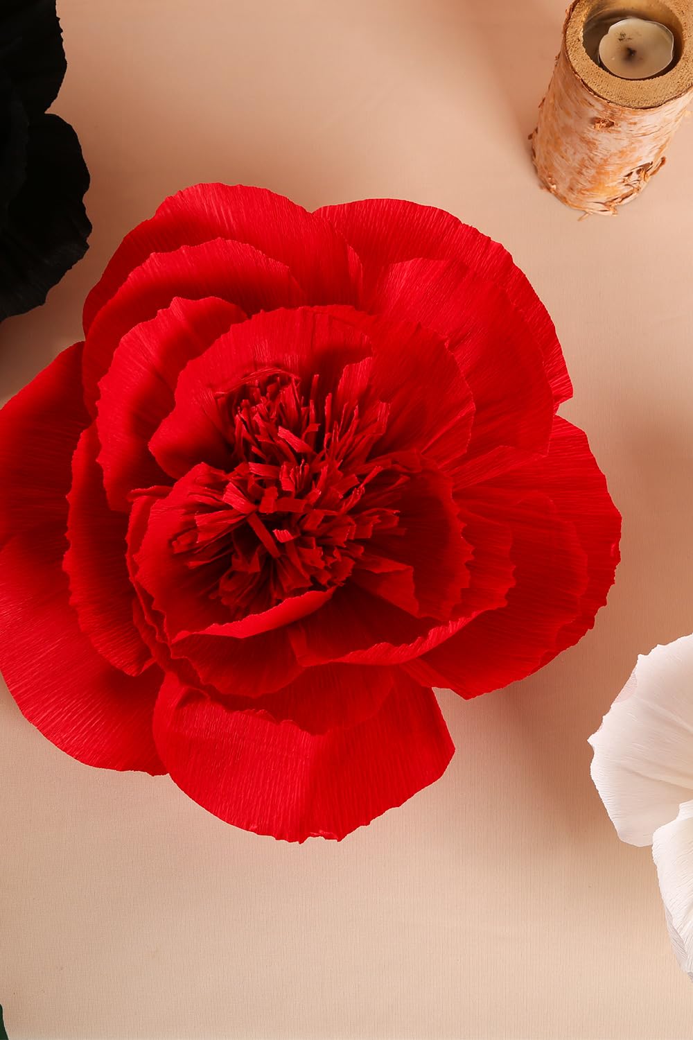 Large Crepe Paper Flowers for Wall Decor - Wedding Backdrop, Nursery, Bridal Shower, Graduation & Birthday Party (Set of 6 - Black, Red, White) | Easy No-Assembly Floral Decorations for Home & Event Styling