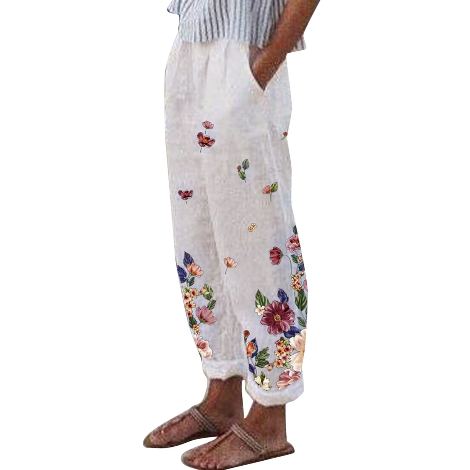 Women's Cotton Linen Wide Leg Pants - Floral Printed Casual Summer Cropped Pants with Elastic Waist & Pockets | Perfect for Beach, Vacation, and Everyday Comfort Wear