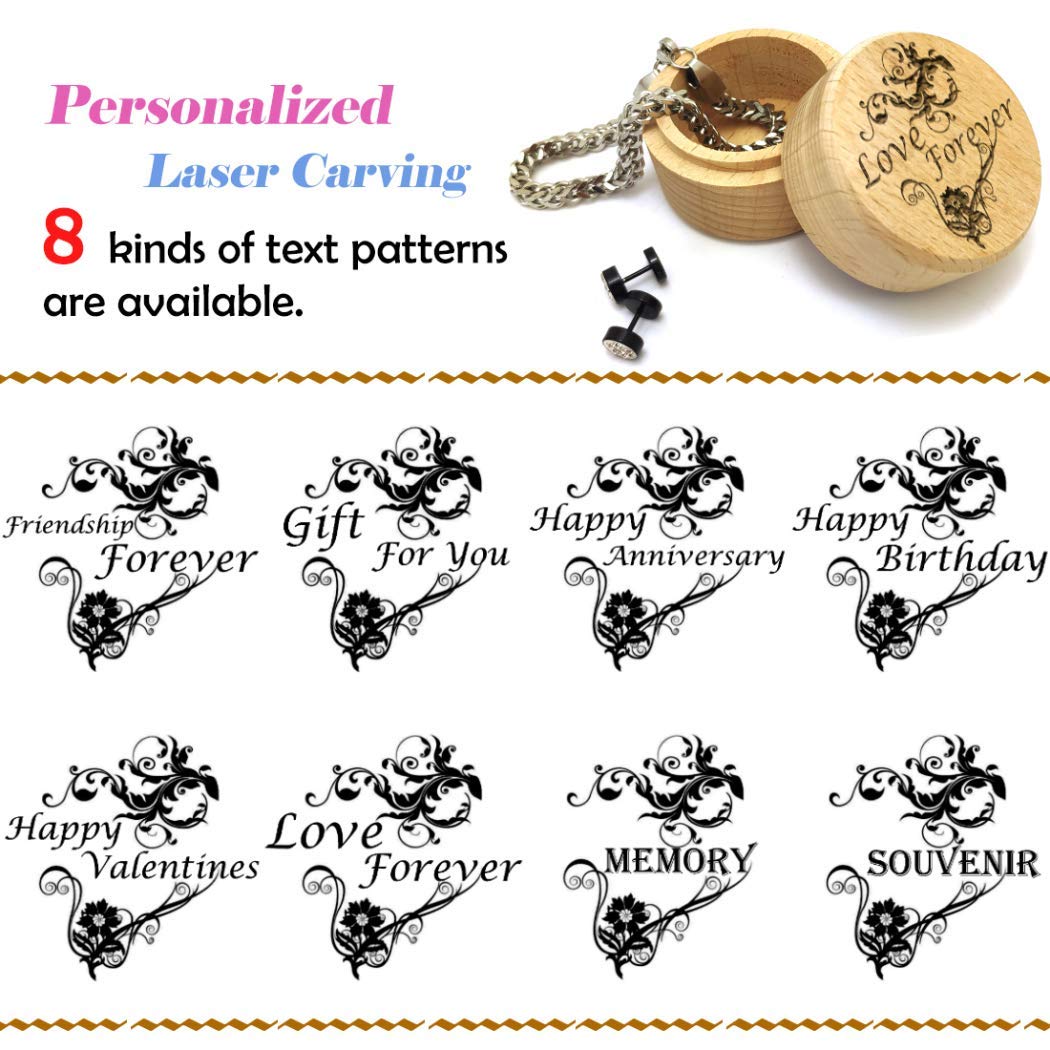 Laser Engraved Wooden Jewelry Box - Handcrafted Ring Necklace Earring Storage Case with Decorative Text Pattern - Perfect Gift for Women, Wedding, Anniversary & Memory Keepsake