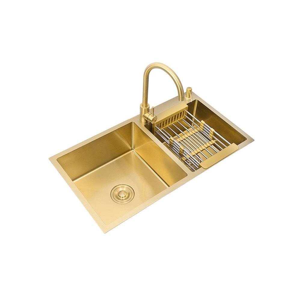 Premium 304 Stainless Steel Single Bowl Undermount Kitchen Sink - Above Counter Manual Gold Finish with Basket Drainer, Square Design (75x45cm) for Modern Farmhouse & Luxury Home Kitchens