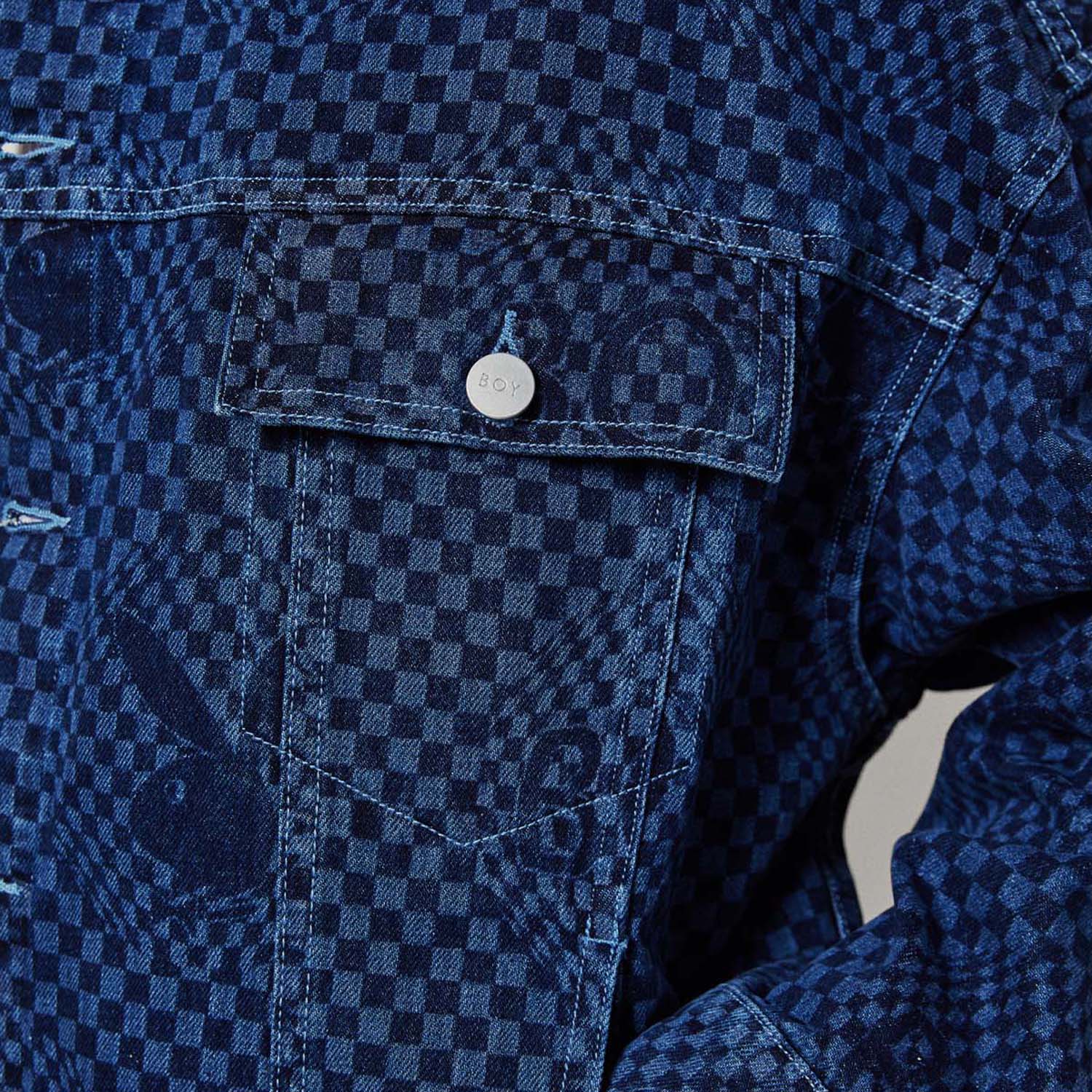 Playboy X Boy Checkerboard Denim Jacket for Men - Stylish Vintage Denim Coat with Checkered Pattern - Perfect for Casual Outfits, Streetwear & Fall Fashion