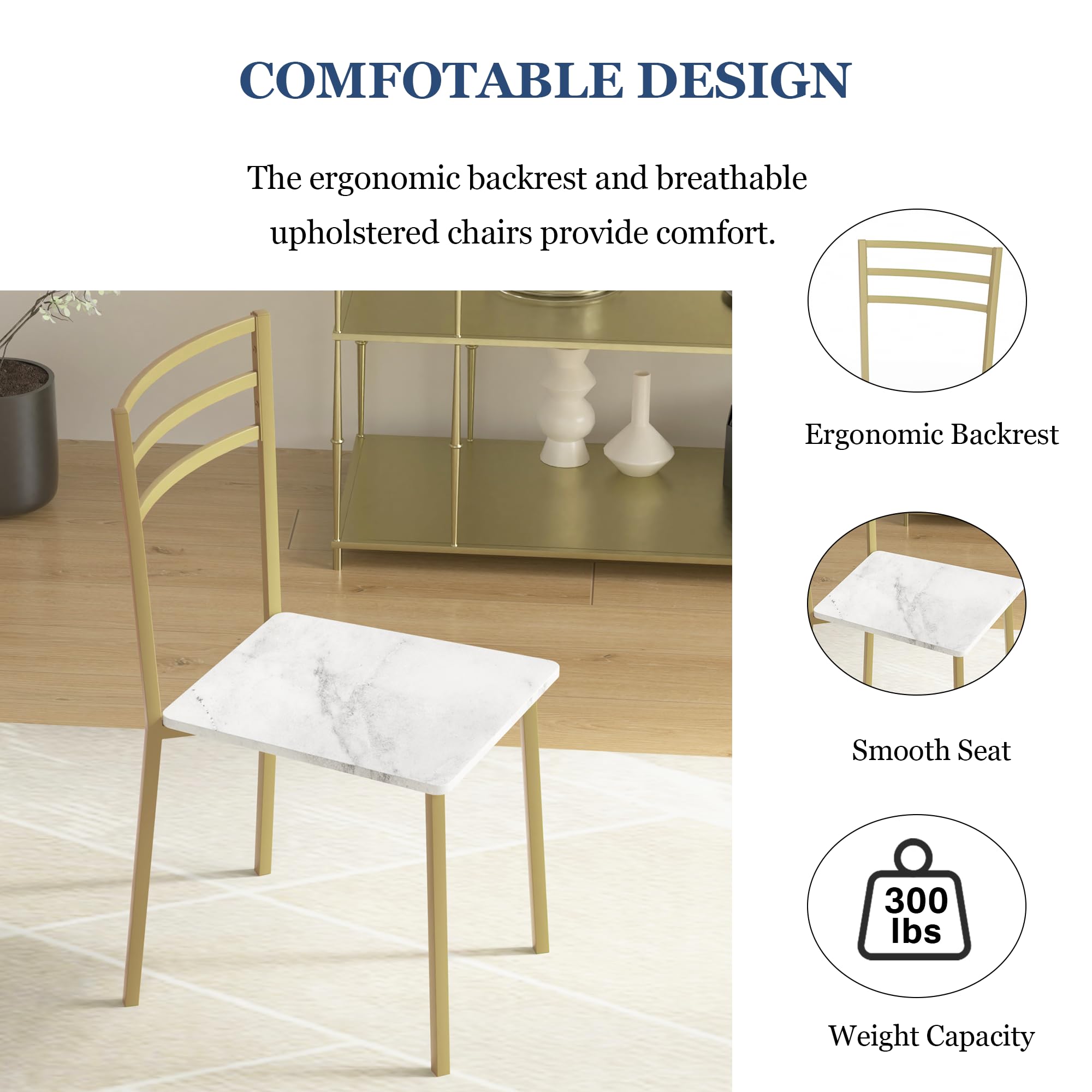 VECELO 2-Person Small Round Dining Table Set with Wood Tabletop & Sturdy Metal Frame - Modern Kitchen Dinette, Breakfast Nook & Living Room Furniture in White & Gold - Perfect for Small Spaces, Apartments & Cozy Dining Areas