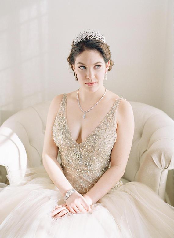 SPENCER Simulated Diamond Bridal Tiara - Elegant Crystal Wedding Crown for Bride, Princess, Prom & Special Occasions
