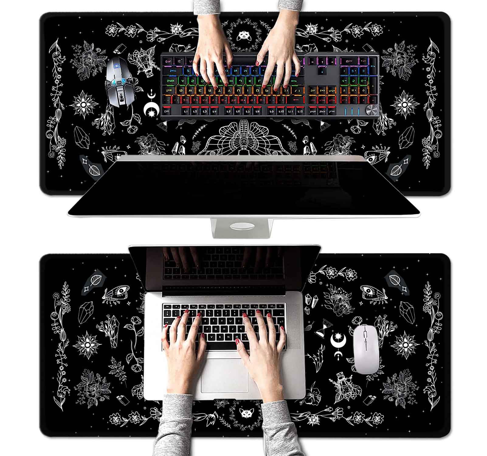 Gothic Large Mouse Pad - Black Occult XXL Desk Mat with Celestial Mushroom Design for Gaming & Office Use | Halloween Witchy Decor | Perfect Gift for Gamers & Office Workers