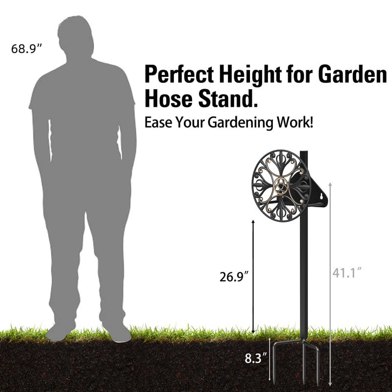 GOFORWILD Decorative Garden Hose Holder - Sturdy Wall Mounted Hose Rack for 125-Feet 5/8-Inch Water Hose, Durable Cast Aluminum Hose Reel & Hanger - Perfect for Yard, Lawn, and Outdoor Watering Organization