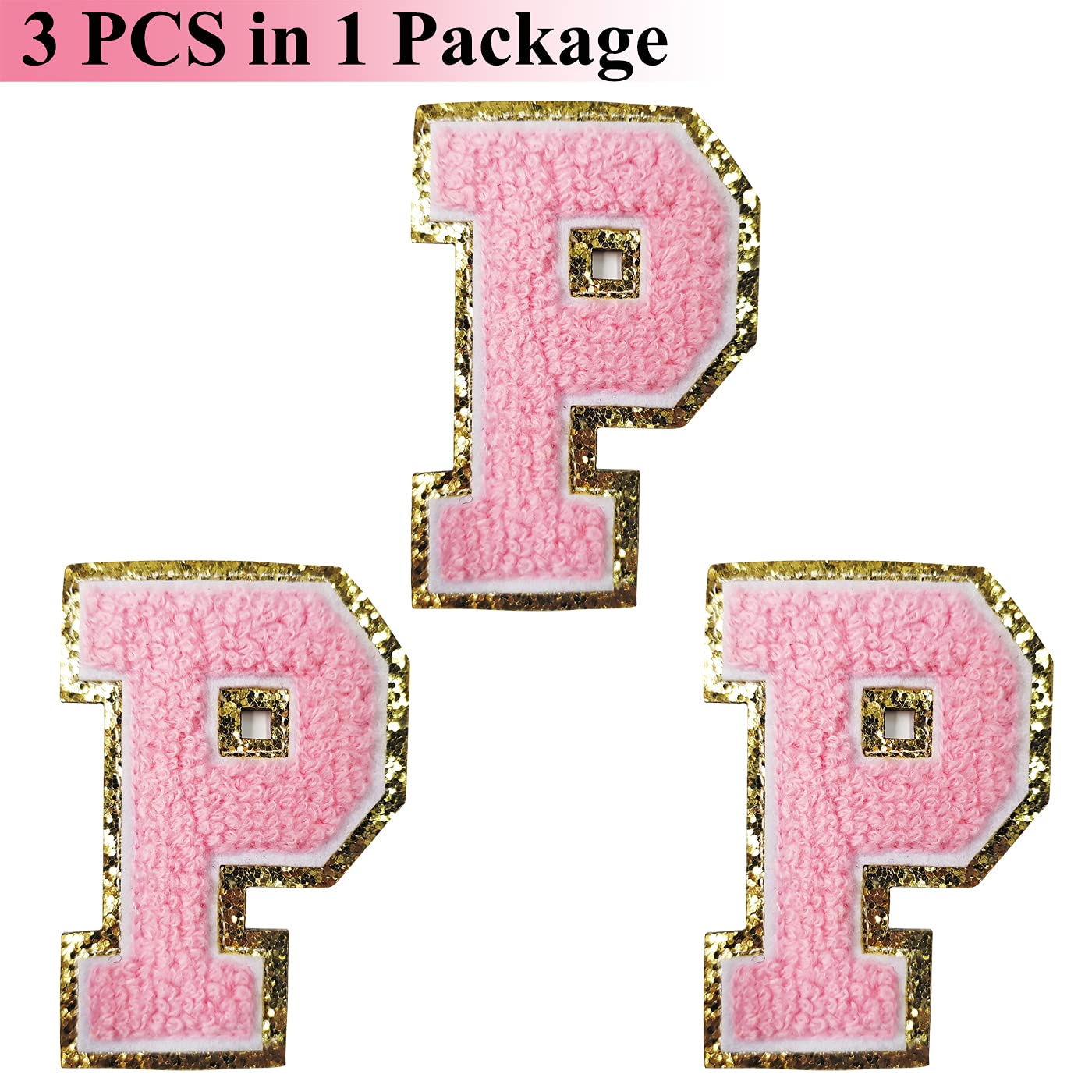 3 PCS Gold Glitter & Pink Chenille Iron-On Letter Patches - Varsity Initials for Team Costumes, DIY Jackets, Bags & Hats (3.1 Inch Height)