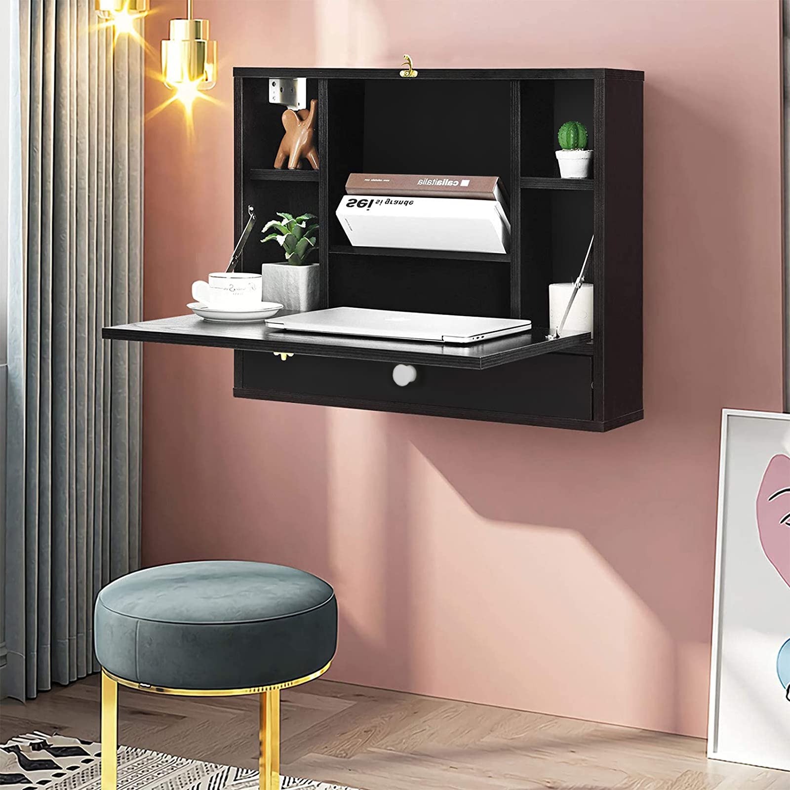 Wall Mounted Folding Table - Space Saving Wooden Floating Desk with Storage Shelves for Study, Dining, Home Office & Kitchen - 23.6