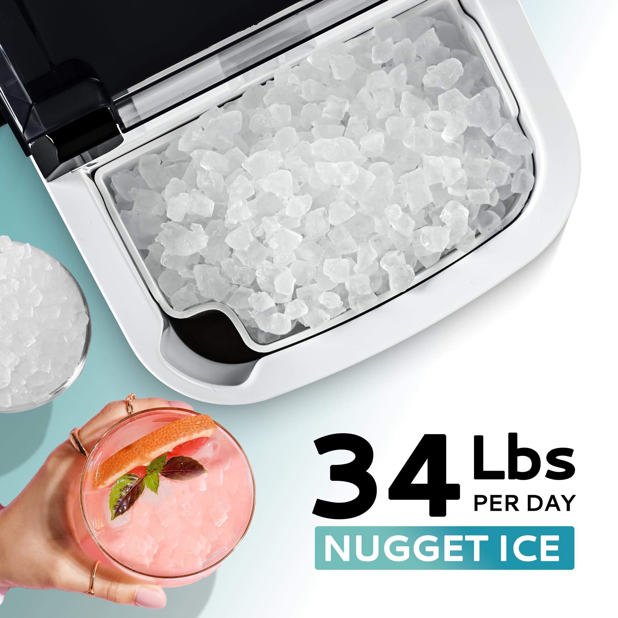 EUHOMY Portable Countertop Nugget Ice Maker - 34lbs/Day, Ready in 6 Minutes, Auto-Cleaning with Removable Top Cover - Includes Ice Basket & Scoop - Perfect for Home, Office, RV, Camping & Parties (Black)
