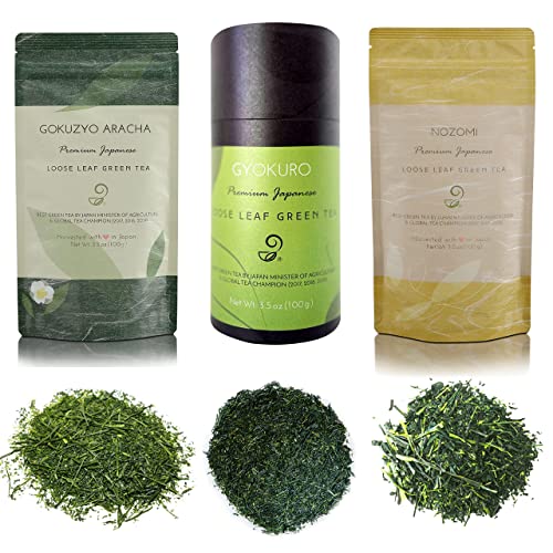 Premium Japanese Gyokuro & Nozomi Gokuzyo Aracha Tea Set - Single Origin All-Natural Green Tea Collection - Non-GMO, Sugar-Free - Perfect Gift for Tea Lovers - Enjoy for Relaxation, Meditation & Afternoon Tea Time