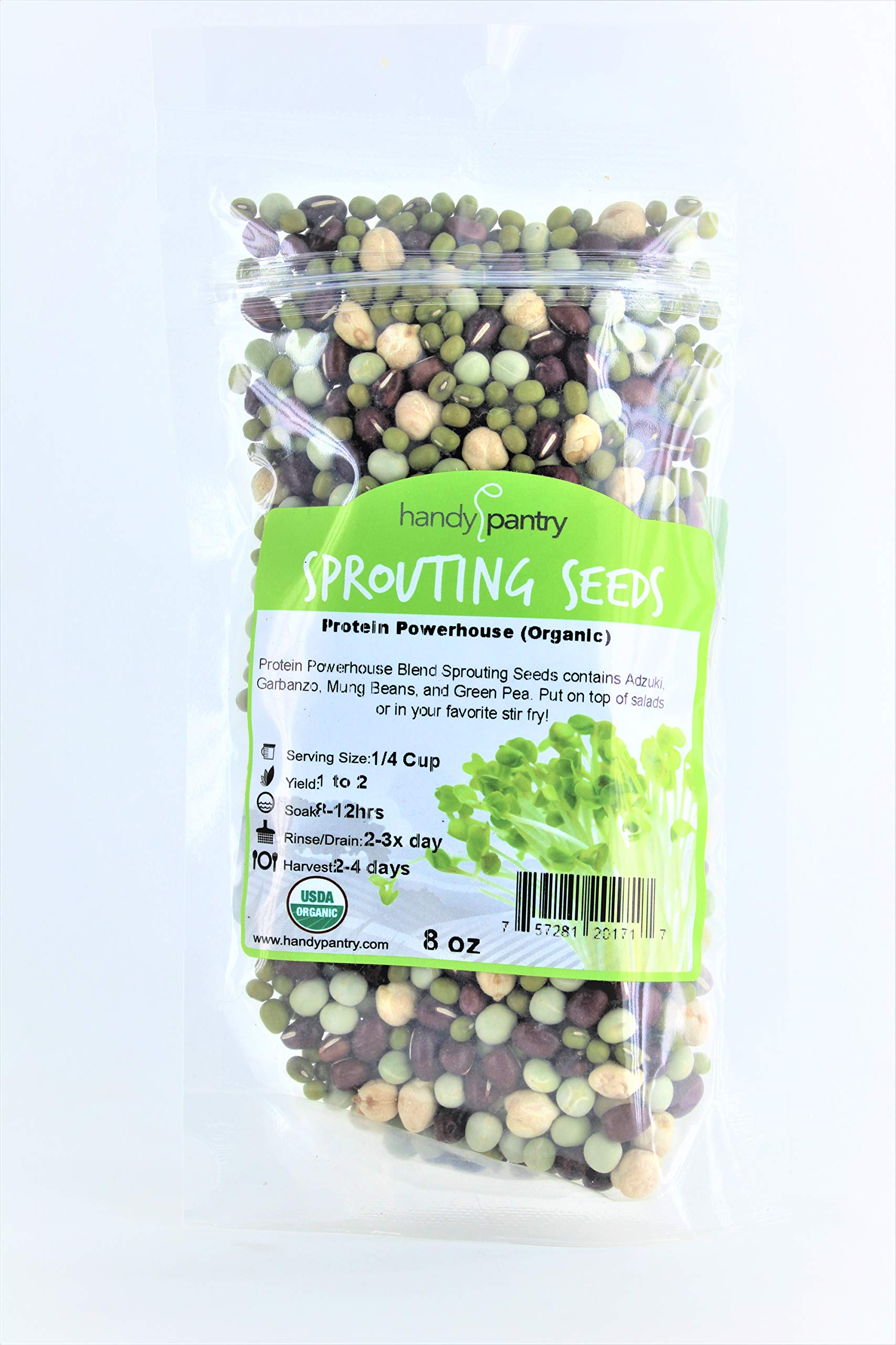 Organic Sprouting Seeds Mix - Adzuki, Garbanzo, Mung Bean & Snow Pea Protein Powerhouse (8 oz) | Handy Pantry | Healthy Salad Toppings, Vegan Recipes & Home Gardening