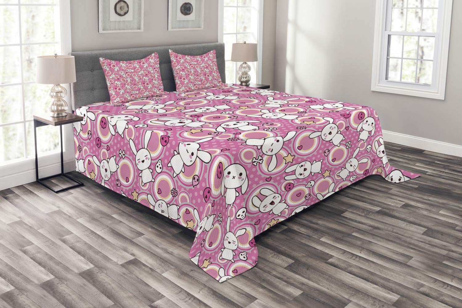 Ambesonne Anime Bedding Set - Kawaii Rabbit & Bunny Humor Print 3-Piece Comforter with 2 Pillow Shams, King Size White & Pink - Perfect for Anime Fans' Bedroom Decor & Kawaii Themed Rooms