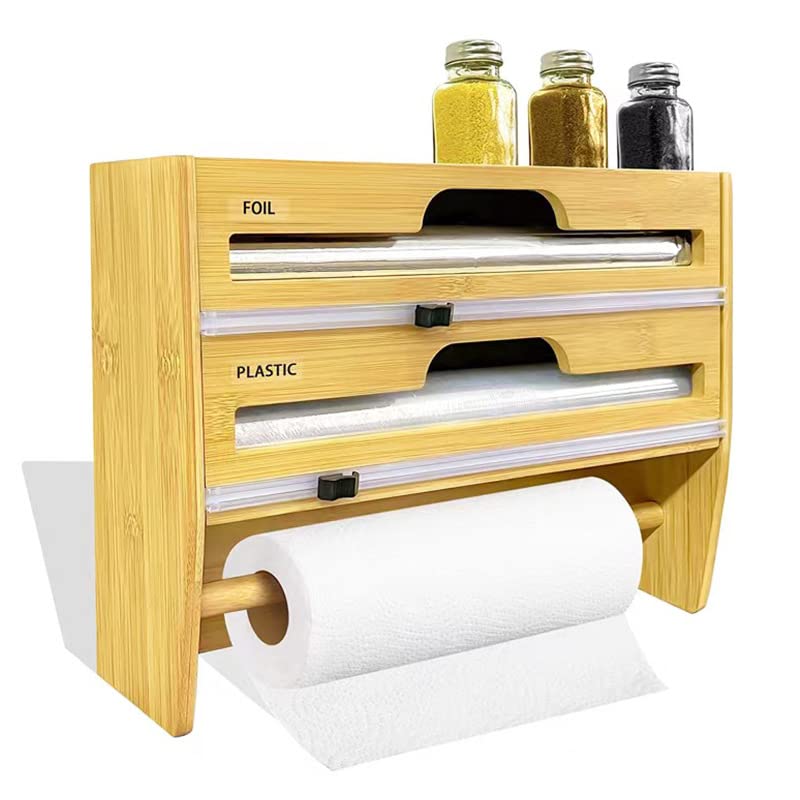 BAIHOGI 4-in-1 Wall Mounted Kitchen Organizer - Wooden Foil, Plastic Wrap, Parchment Paper & Paper Towel Holder Dispenser for Pantry, Countertop & Cabinet Storage - Perfect for Meal Prep, Baking & Kitchen Organization