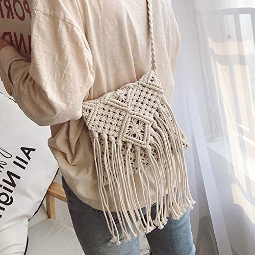 Bohemian Crochet Shoulder Bag with Cotton Tassel - Handmade Macrame Purse for Women, Beach Bag, Festival Messenger Bag - Perfect for Summer Outings, Travel & Boho Fashion Accessories