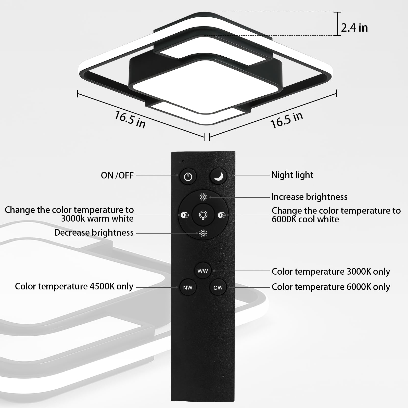 KIWIVIC Modern LED Ceiling Light 75W, Dimmable Black Square Ceiling Lamp with Remote Control, 41 x 41cm - Perfect for Bedroom, Living Room, Dining Room, Kitchen Lighting and Home Decor