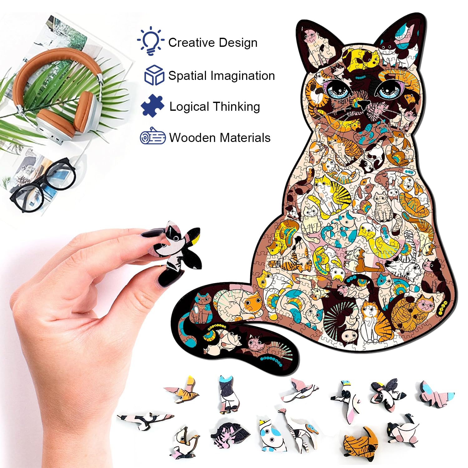 200-Piece Wooden Animal Shaped Puzzle for Adults & Kids - Unique Cat Puzzle with Gift Box - Perfect for Family Game Night & Educational Play