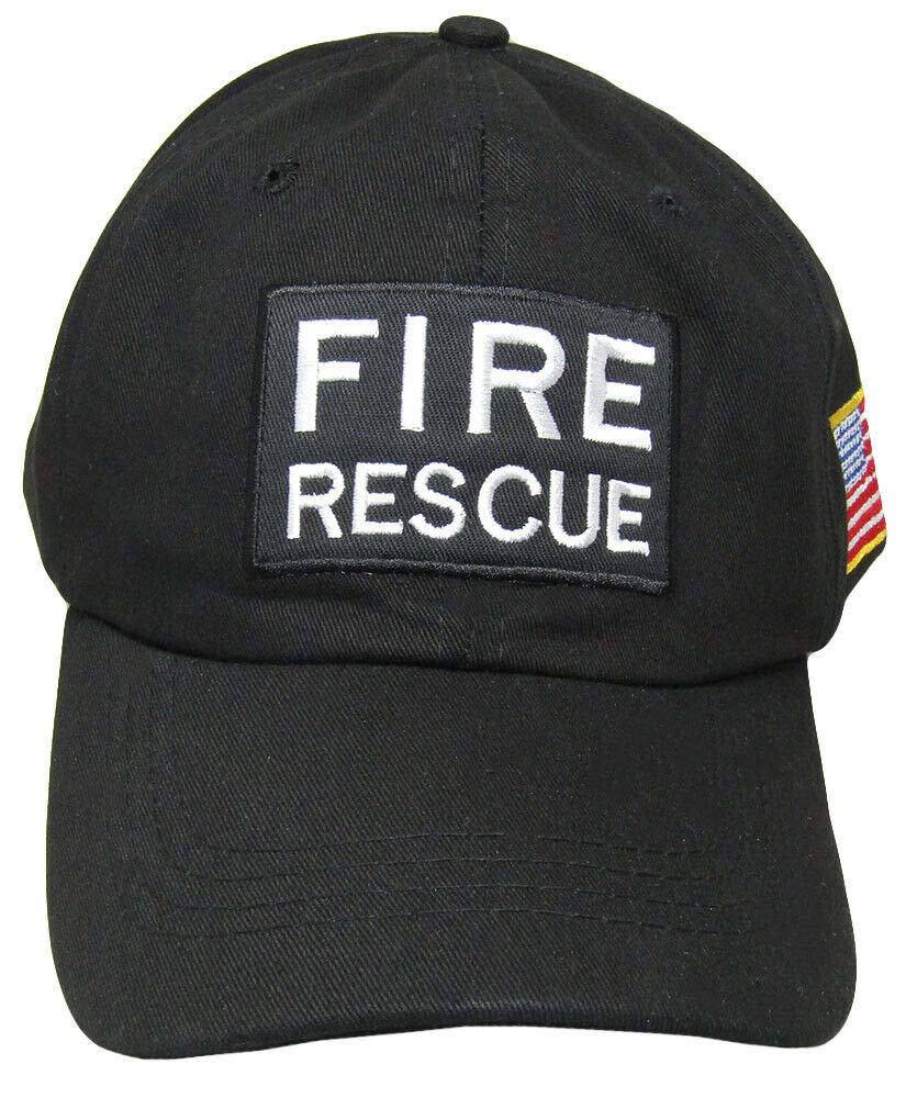 Trade Winds Fire Rescue Embroidered Baseball Cap with USA Flag Patch - Black Firefighter Hat for First Responders, EMS, and Fire Department Personnel