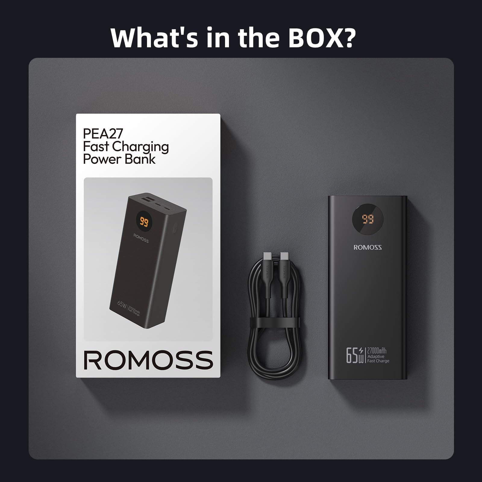 ROMOSS 27,000mAh 65W USB-C Fast Charging Power Bank - Portable Laptop Charger for MacBook Pro, Dell XPS, Steam Deck | External Battery Pack for iPhone 15/14, iPad, Samsung Galaxy | Perfect for Travel, Work, and Outdoor Adventures