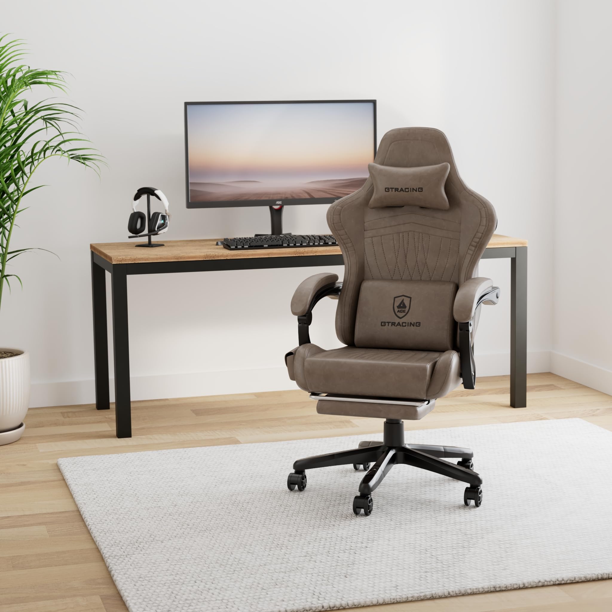 GTRacing GTPLAYER Ergonomic Gaming Chair with Bluetooth Speakers, Footrest & Reclining Function - High Back Computer Chair with Linkage Armrests for Adults (Light Brown) - Perfect for PC Gaming, Office Work & Home Entertainment